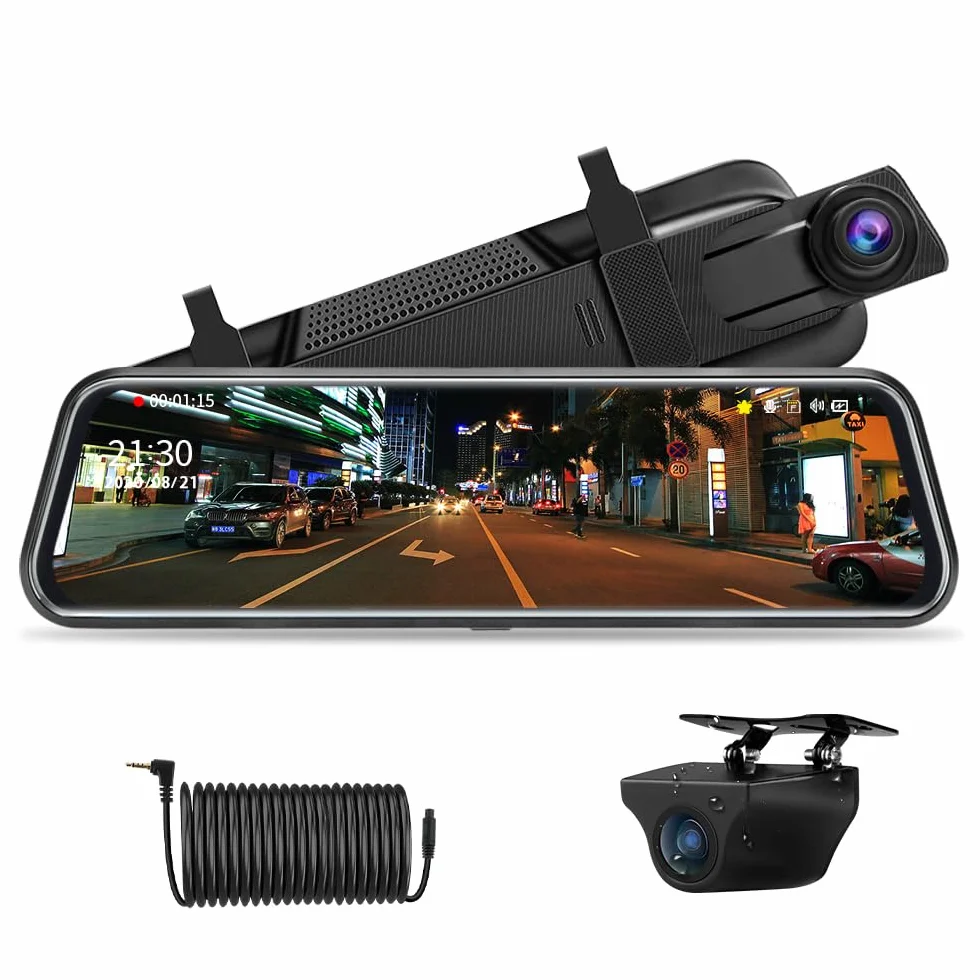 Jansite lusterko wsteczne z kamerą samochodową 10'' ekran dotykowy FHD 1080P z 10-metrowym kablem, lusterko wsteczne z kamerą samochodową z szerokokątnym trybem nocnym, szerokokątny czujnik G