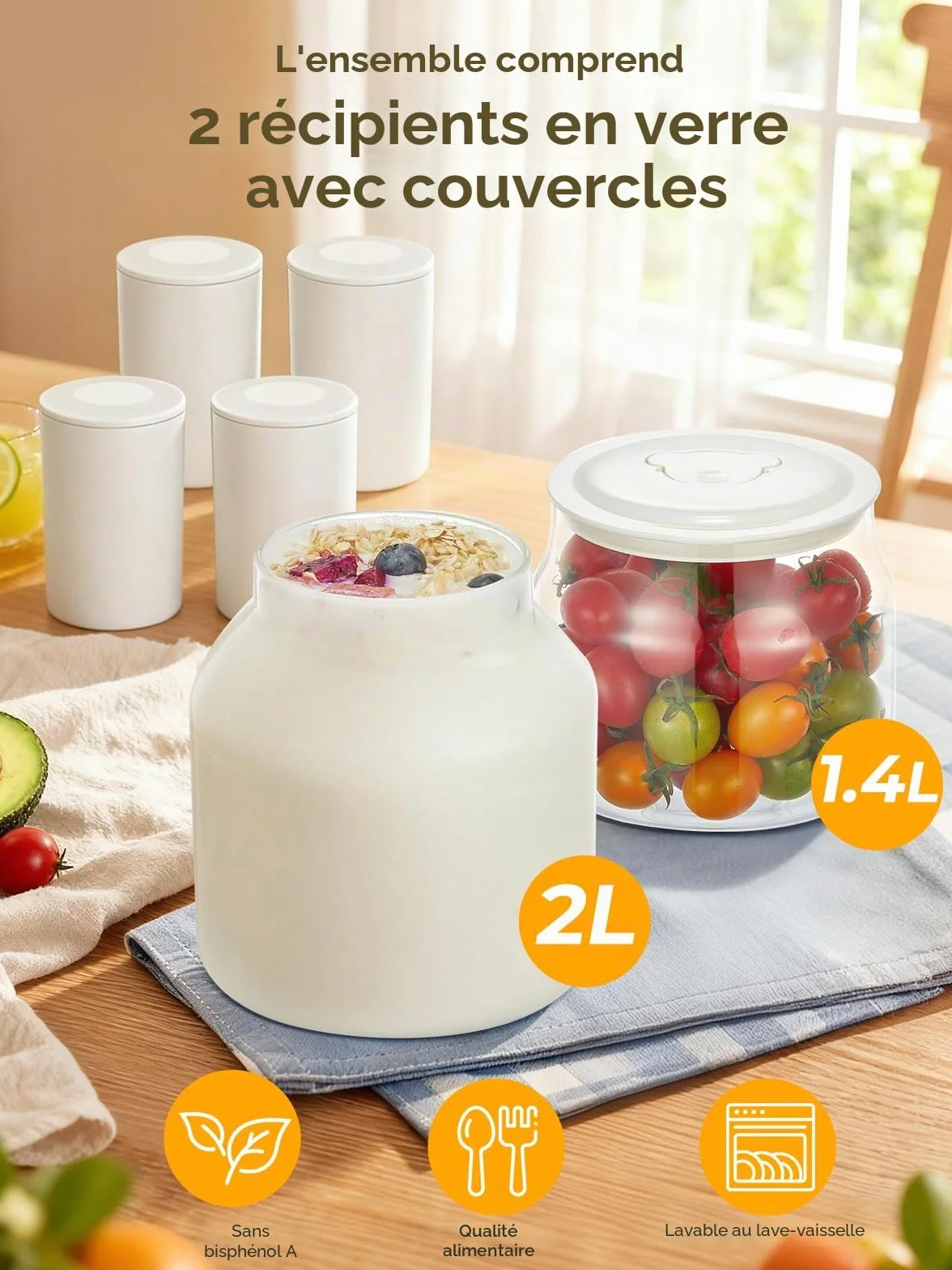 FOHERE Yaourtière 2 XXL pots en Verre 2000 ml et 1400 ml, 4 * 125 ml Tasse en Céramique avec Couvercle, 8 Programmes Automatiques, Ecran LCD, Arrêt Automatique, Sans BPA, 20 Watts