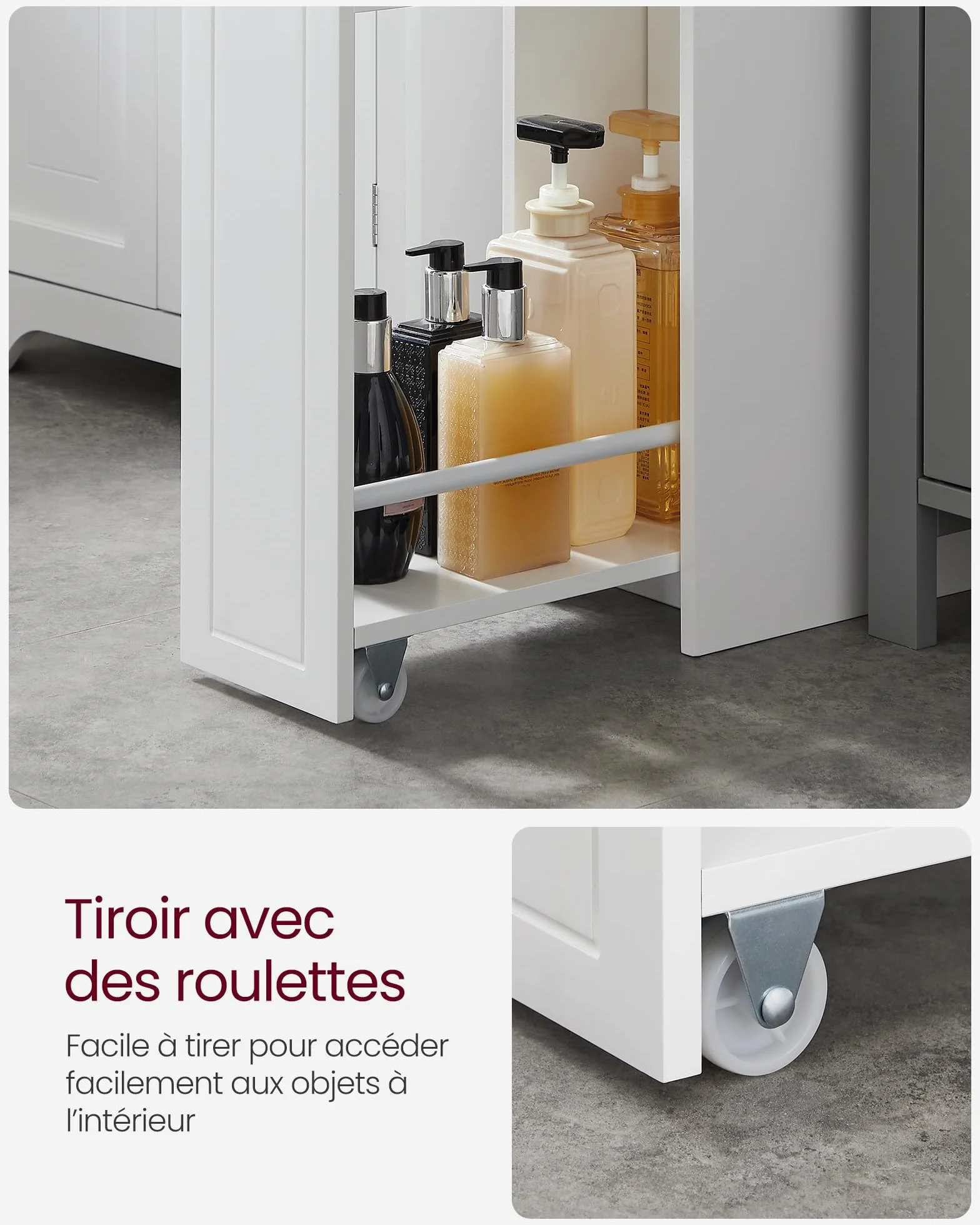VASAGLE Petit Meuble de Salle de Bains, Placard Étroit, Petit Meuble de Rangement pour Papier Toilette, Armoire de Toilette avec Tiroir, Commode sur Pieds, pour Petits Espaces, Blanc BBC847P31