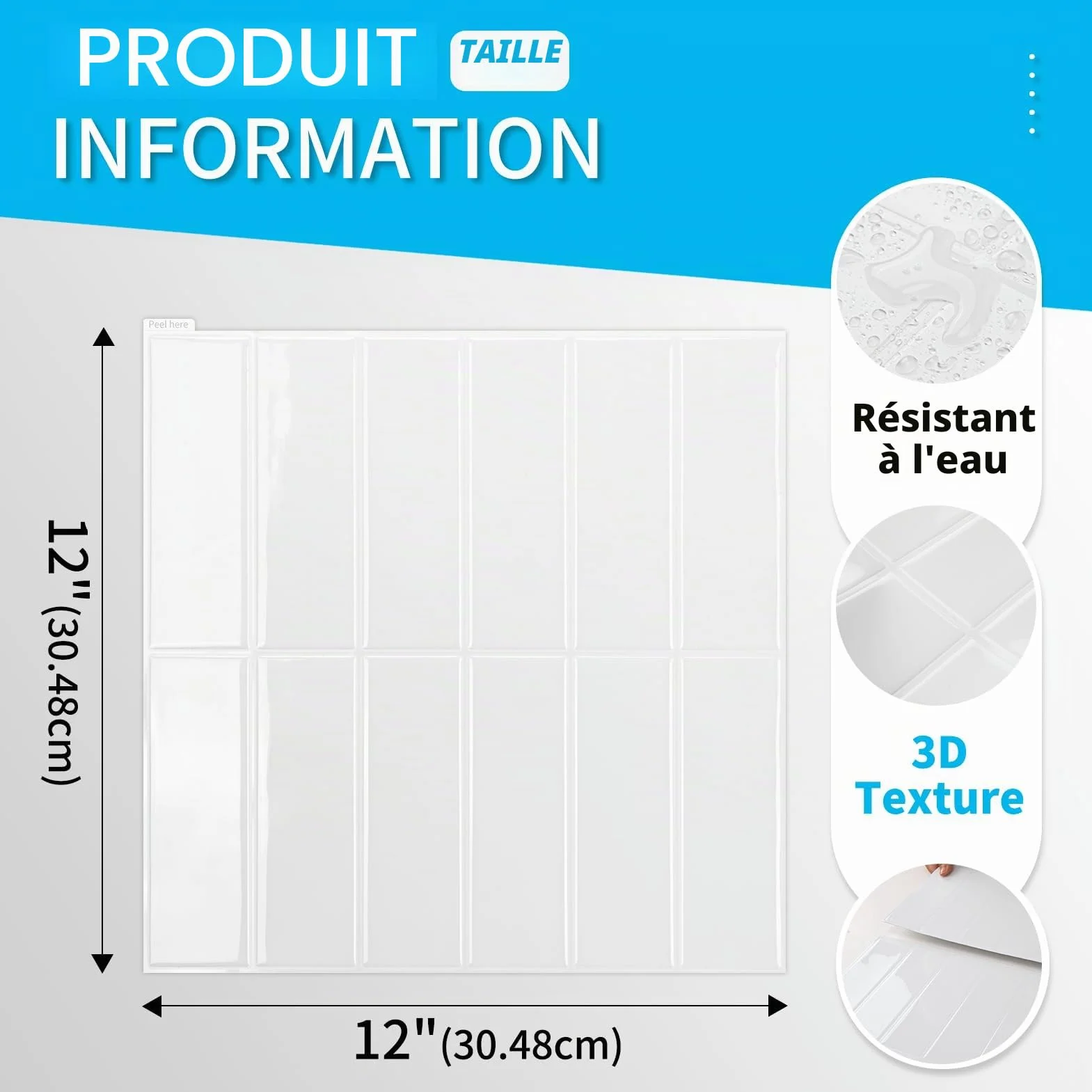 Art3d 10 feuilles autocollantes carreaux muraux crédence métro 30x30cm blanc