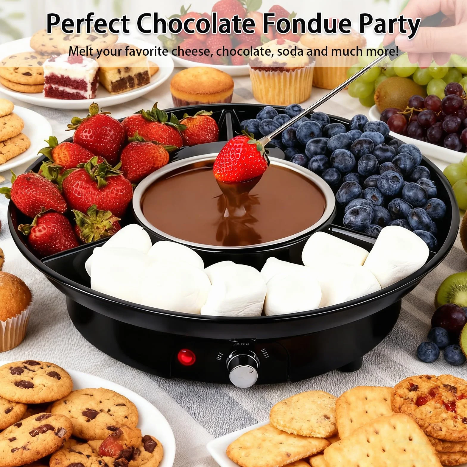 Set à Fondue au Chocolat Électrique, Pot à Chocolat 280 ml avec 2 Niveaux de Température, Casserole en Aluminium Amovible, Plateau de Service et 4 Fourchettes, Idéal pour Soirées Romantiques
