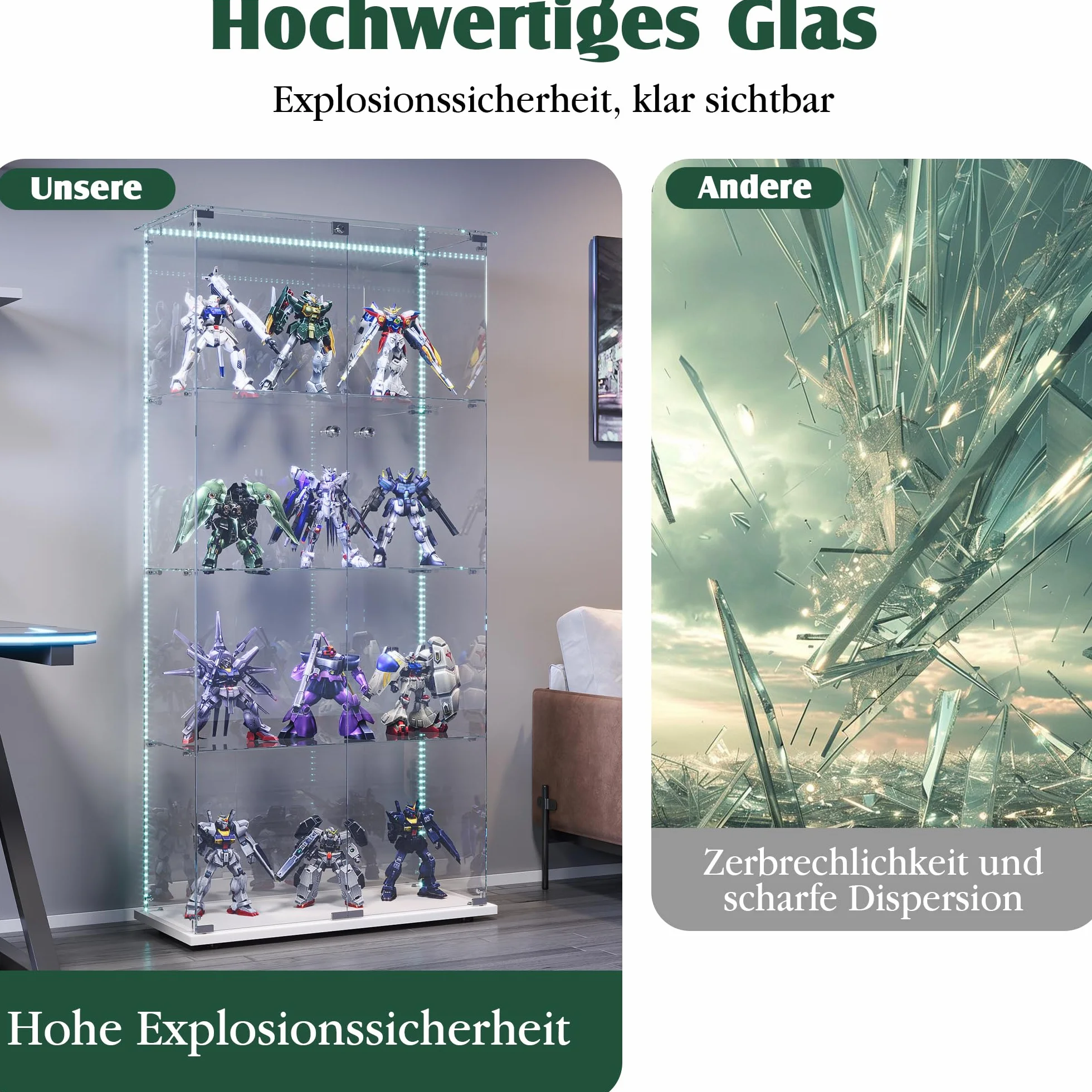 FEEOHOME Vitrine en Verre avec LED, vitrine de Collection en Verre, Transparent vitrine avec 4 Couches avec 2 Portes, sur Pied Vitrines trempé pour Salon, Chambre à Coucher Blanc