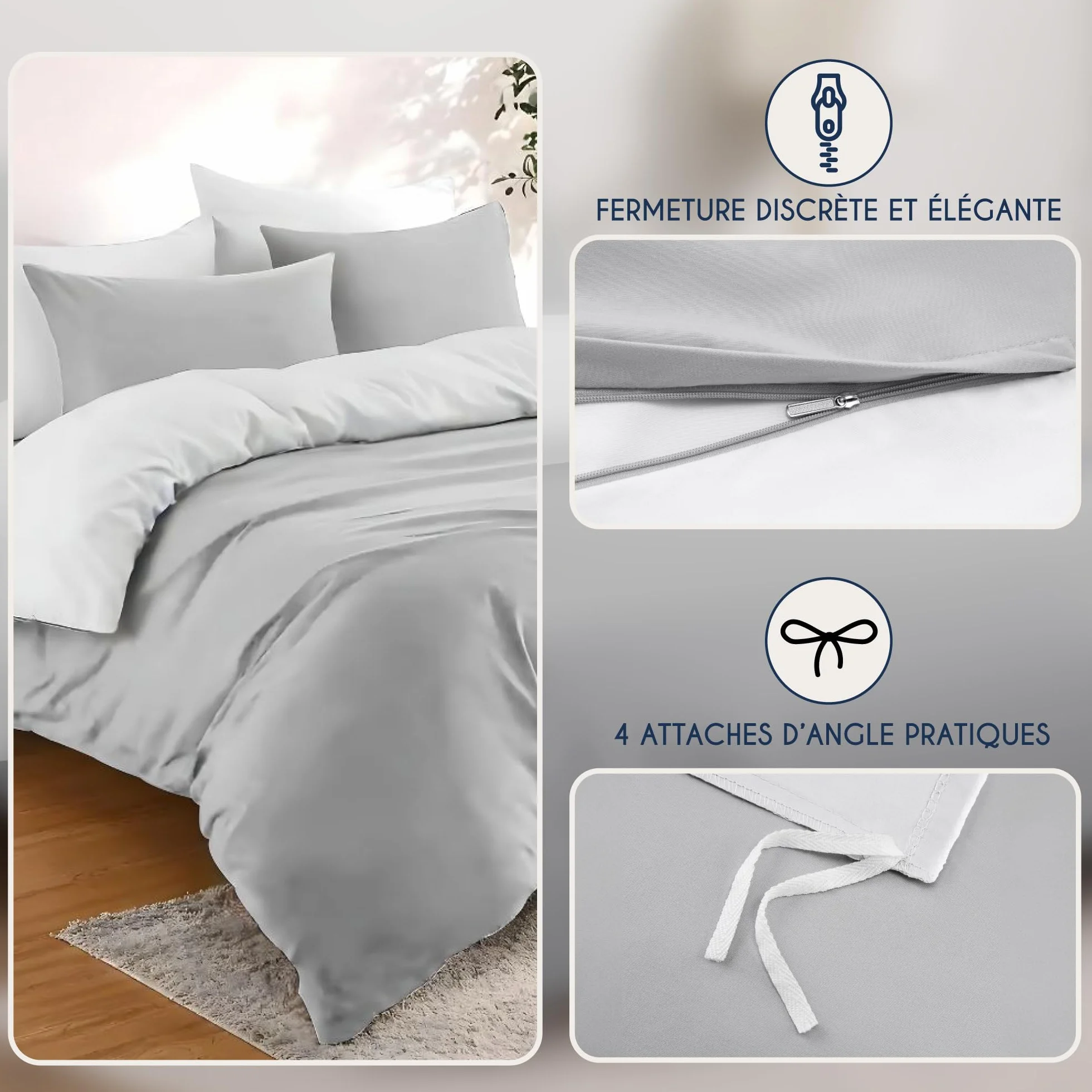 Dreamzie Housse de Couette 240x220 cm avec 2 Taies Oreillers 65x65 cm Gris Clair Blanc 100% Microfibre 3 Pièces Certifié Oeko TEX