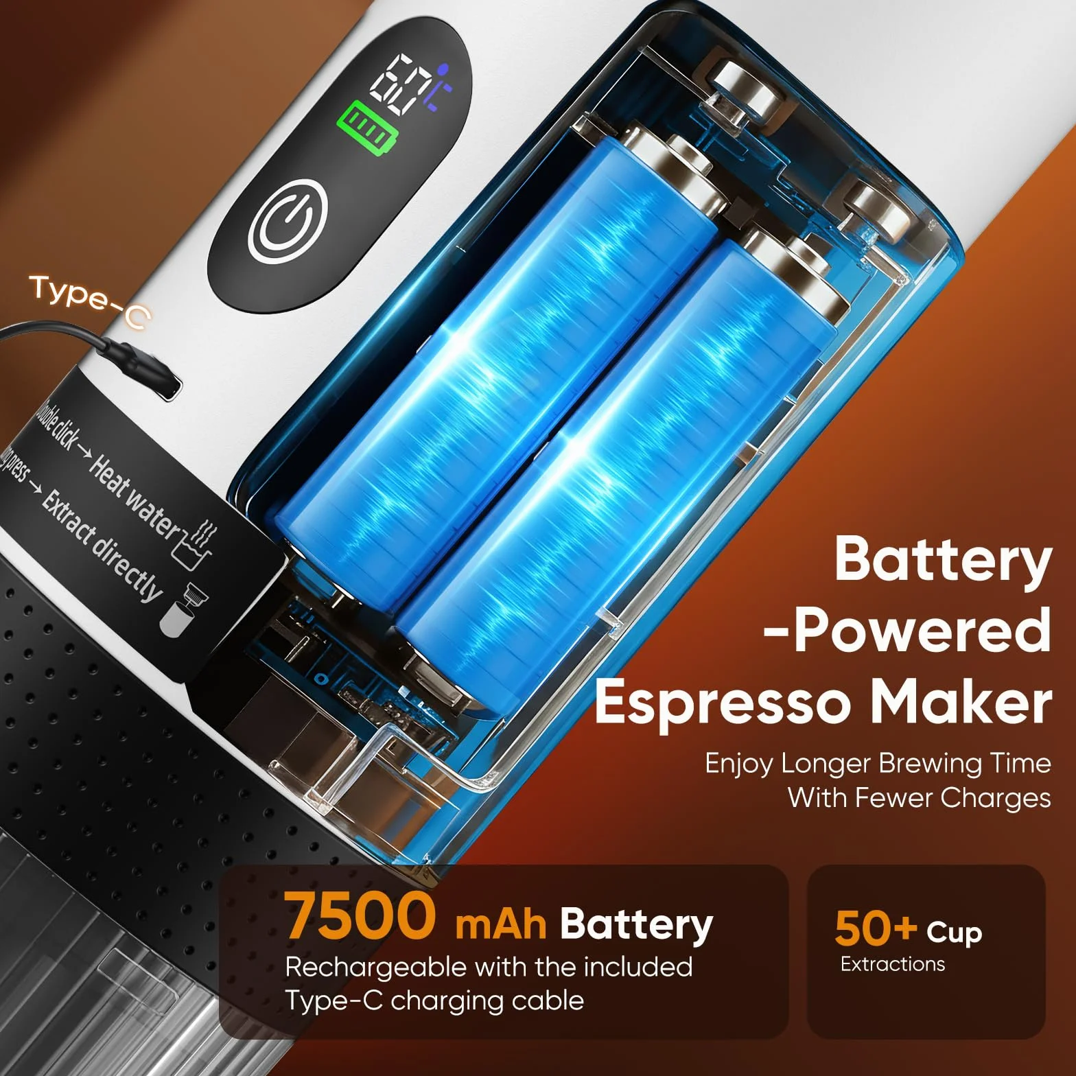 Machine à espresso portable 3 en 1, cafetière à batterie 20bars, mini machine à café nomade avec USB, écran LED, compatible café moulu et capsules (Sans boîte de rangement - Blanc)