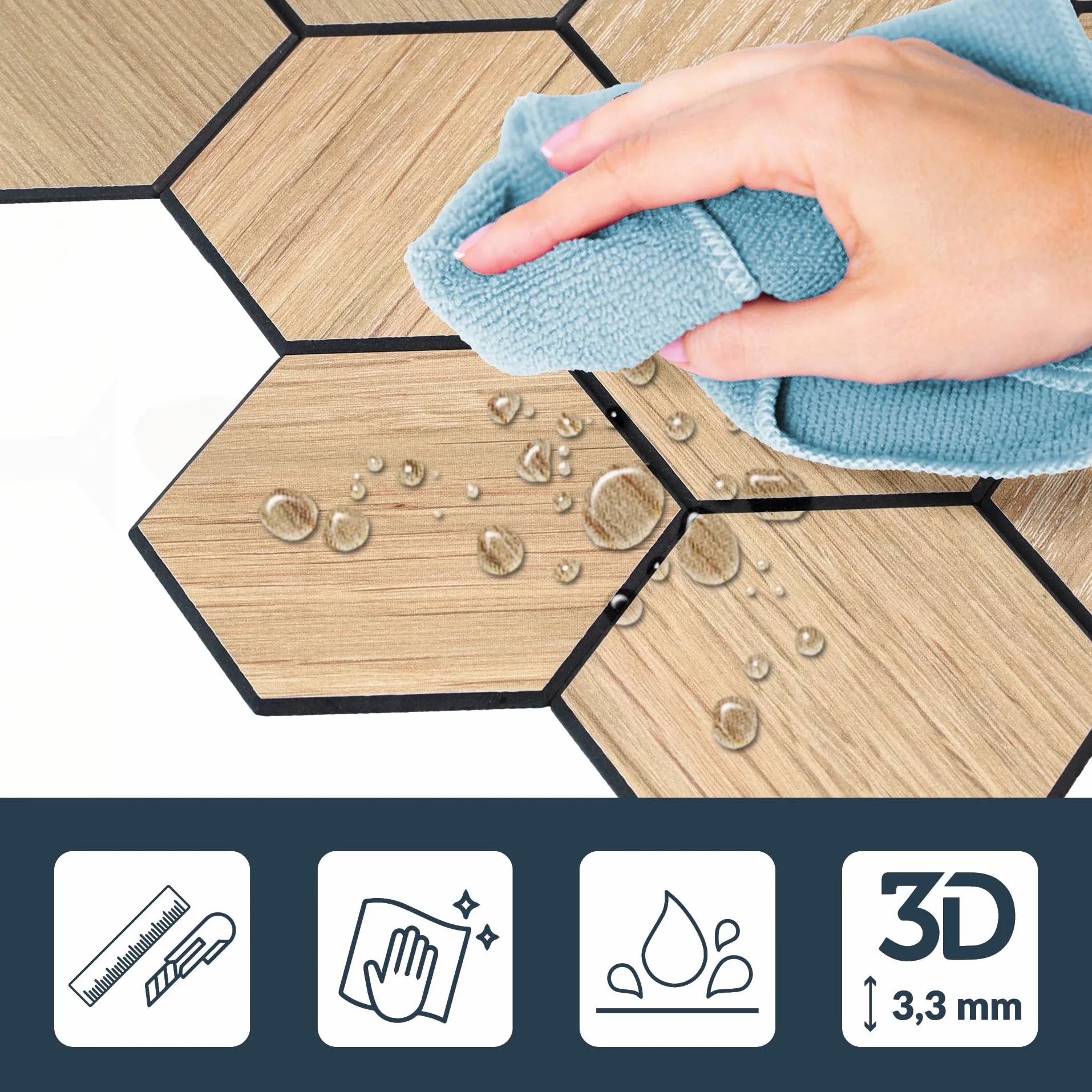 Crédence Adhésive Cuisine Hexa Effet Bois 4 Pièces 25 x 23,2 cm 3D Imperméable