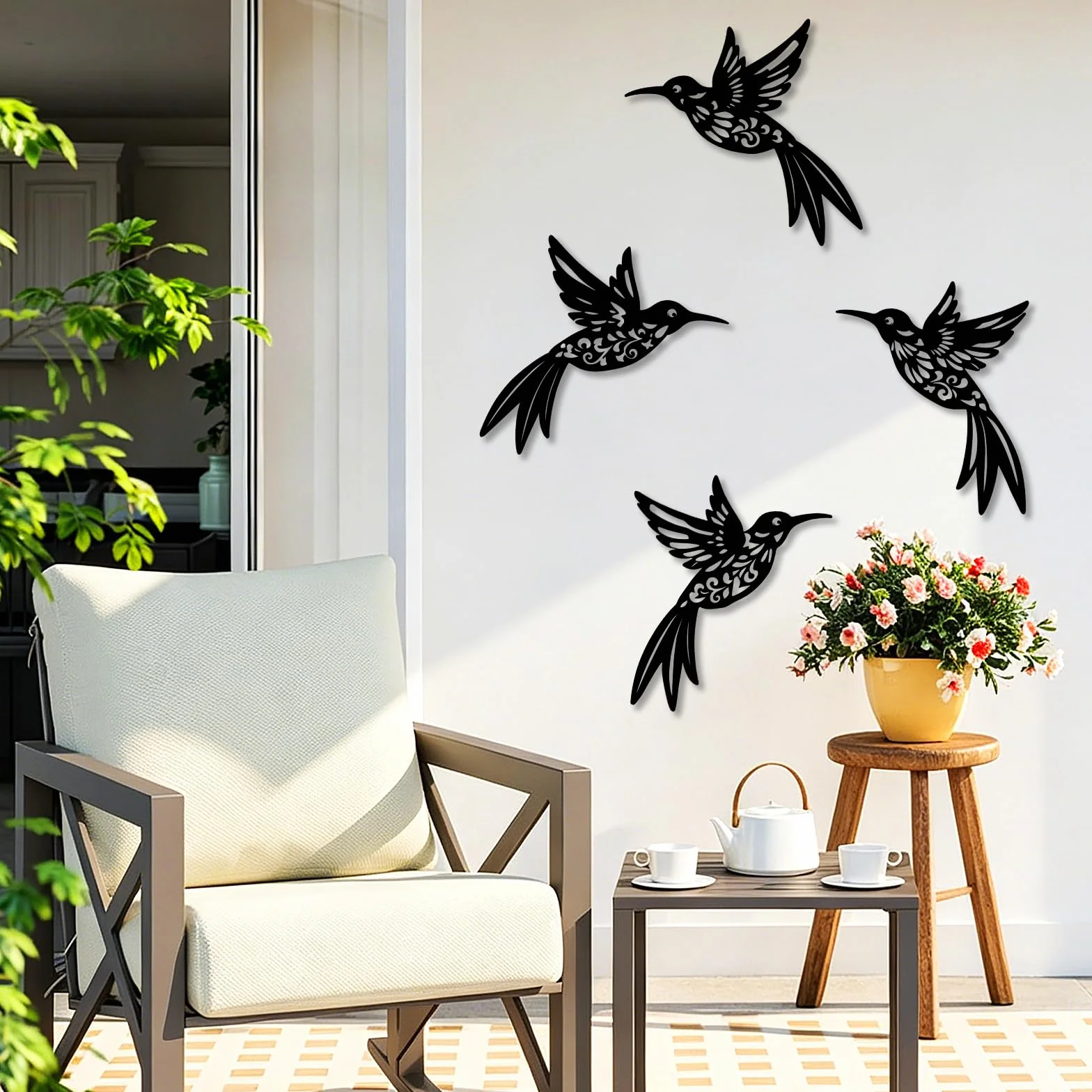 YiYa Lot de 4 Décorations Murales en Métal Colibri Style Boho Rustique Oiseau pour Intérieur Extérieur Noir