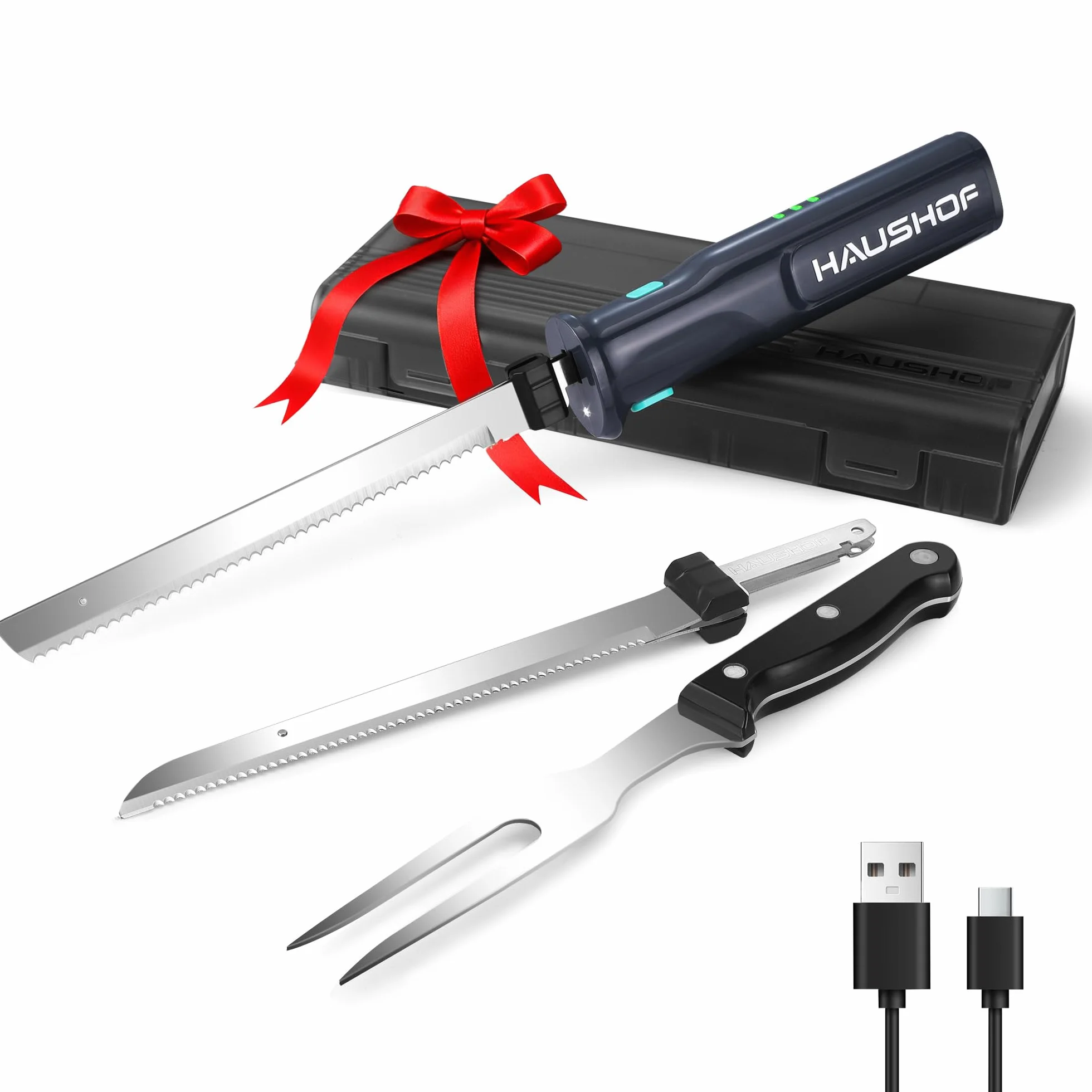 HAUSHOF Couteau à Pain Électrique sans Fil 8V, Lame de 178/203mm et Fourchette, Chargement de Type C, Indicateur d'Alimentation, Lavable au Lave-vaisselle, Couteau de Cuisine pour Viande, Pain, Gris