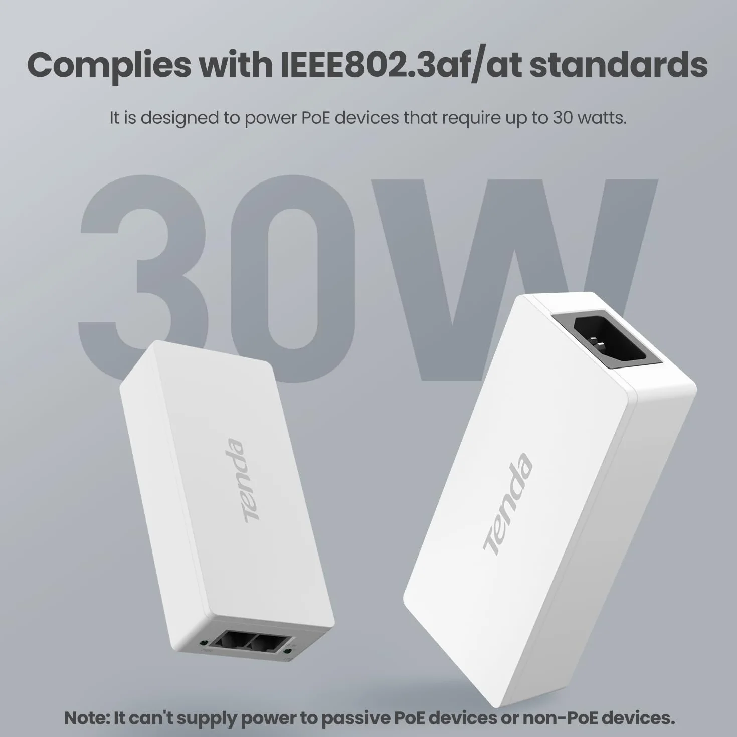 Tenda Gigabitowy Injector PoE, Injector PoE+ IEEE 802.3af/at, Do 30 W, Zasięg do 100 m, Plug & Play, Biały (PoE30G-AT)