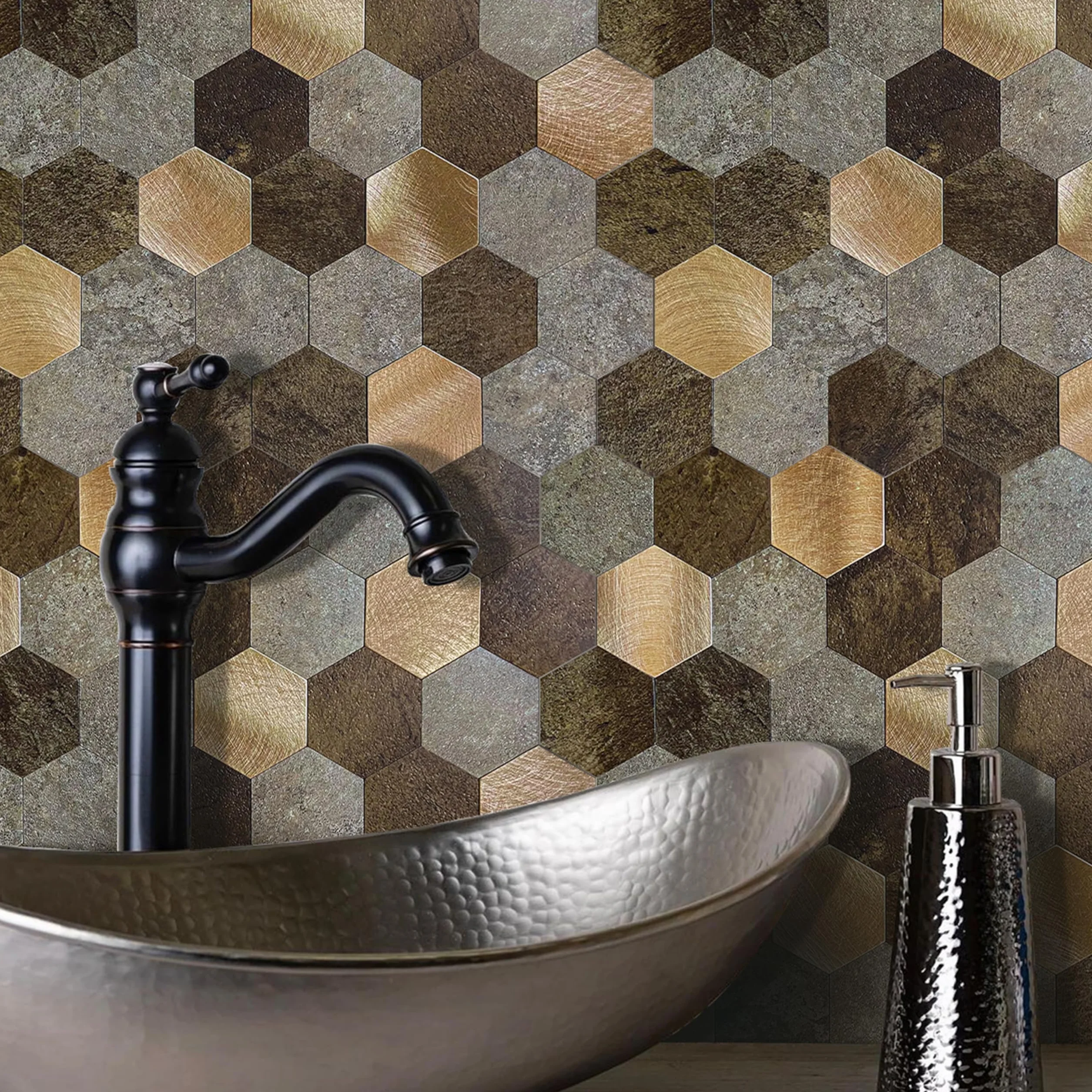 d-c-fix dalles murales adhésives Hexagones métal pierre lot de 6 29 x 28,8 cm carrelage adhésif cuisine salle de bain gris crédence adhésive étanche décoratif