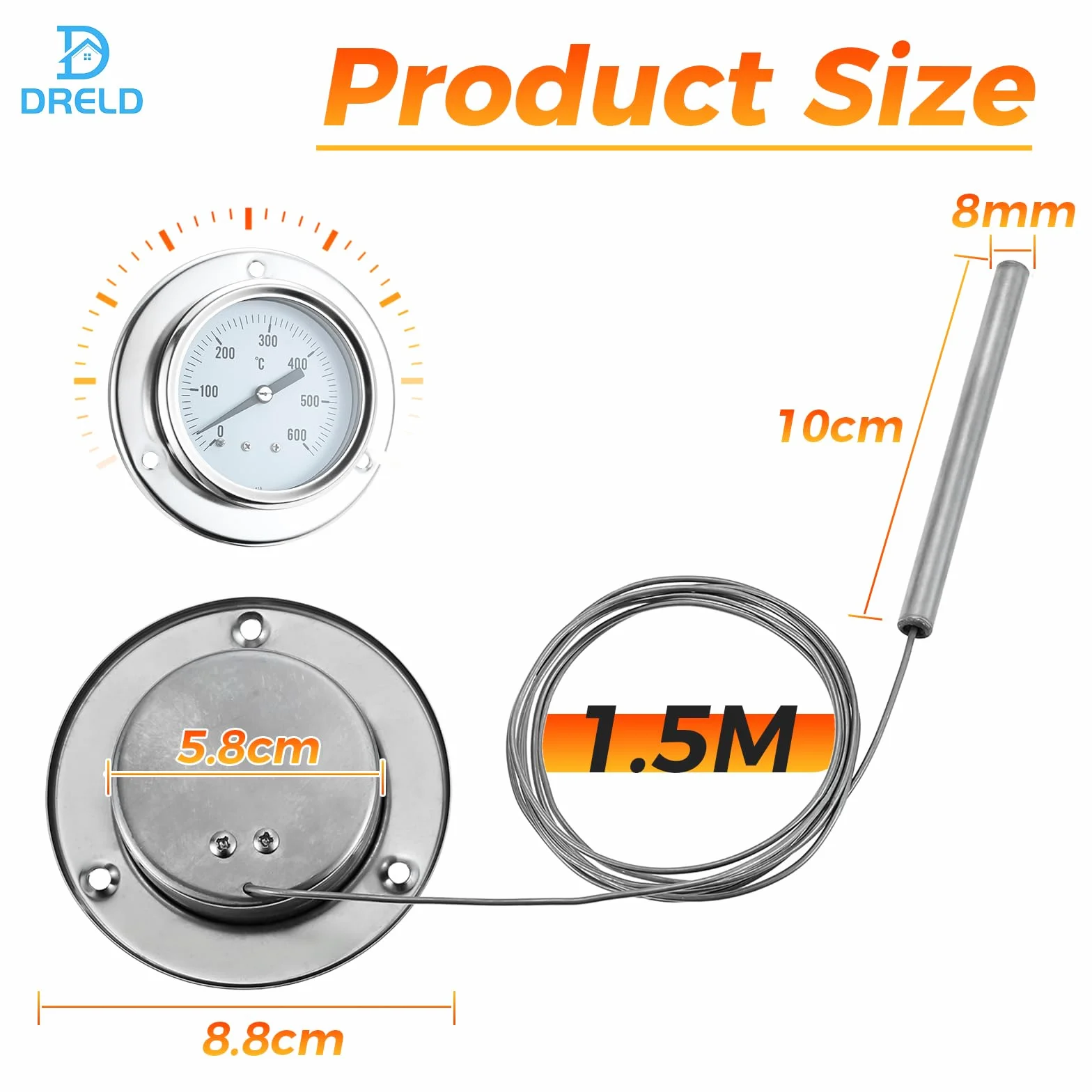 DRELD Thermomètre de four, 150 cm, avec sondes en acier inoxydable, résistant à la chaleur, pour cuisine, barbecue (0-600 °C)