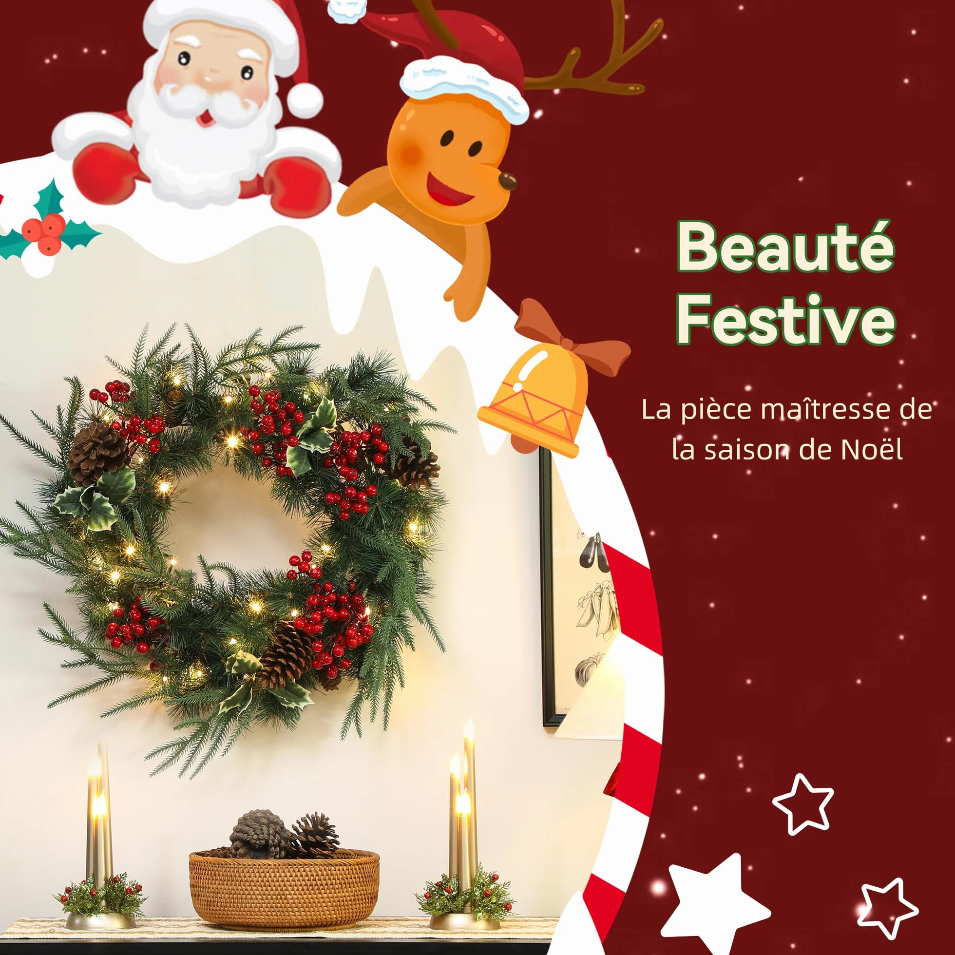 HOMCOM Couronne de Noël Lumineuse 60 cm avec 35 LED Blanc Chaud, minuterie, Couronne de Noël de Porte d'entrée, 170 Pointes, Pommes de pin, Baies, Feuilles de Houx, pour Porte, Mur, cheminée, Vert