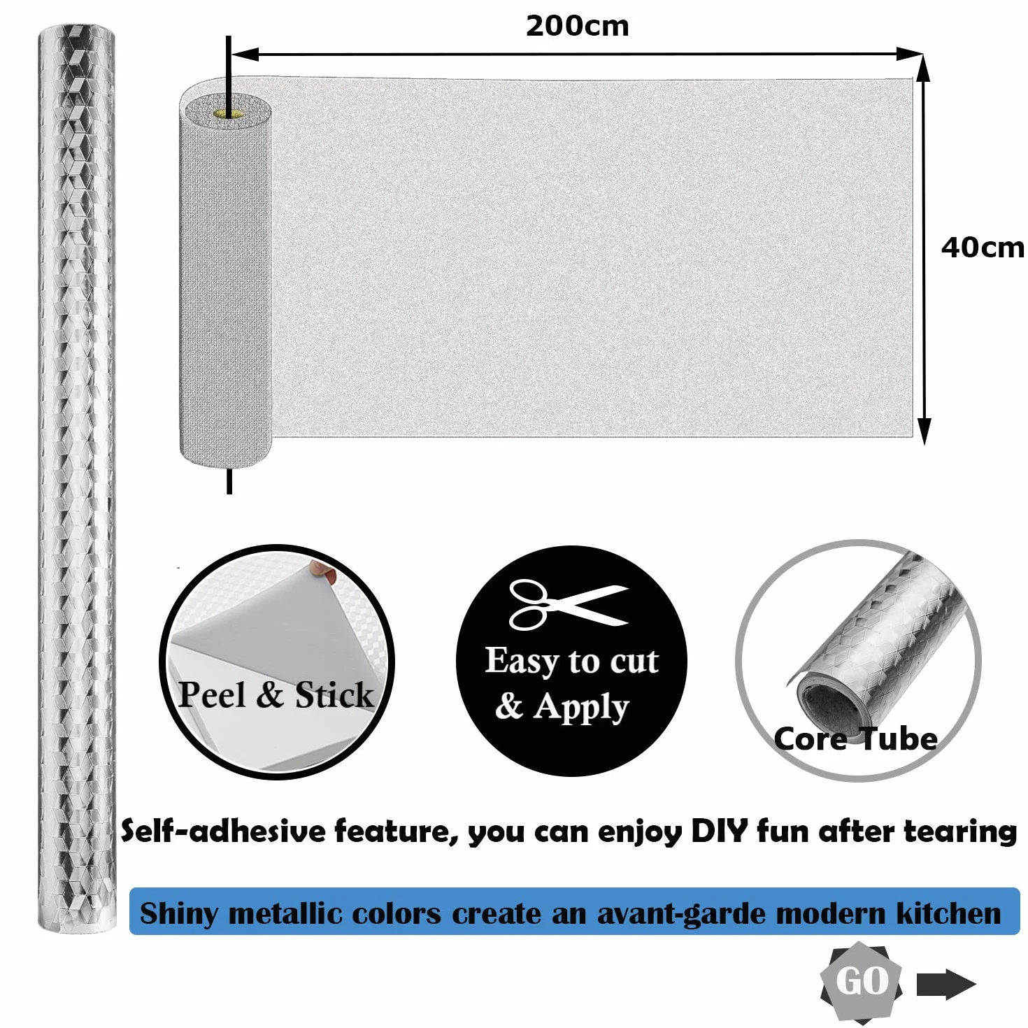 Papier Adhésif pour Meuble Cuisine Auto-Adhésif Rouleau Aluminium 40x200cm Imperméable Résistant à l'Huile