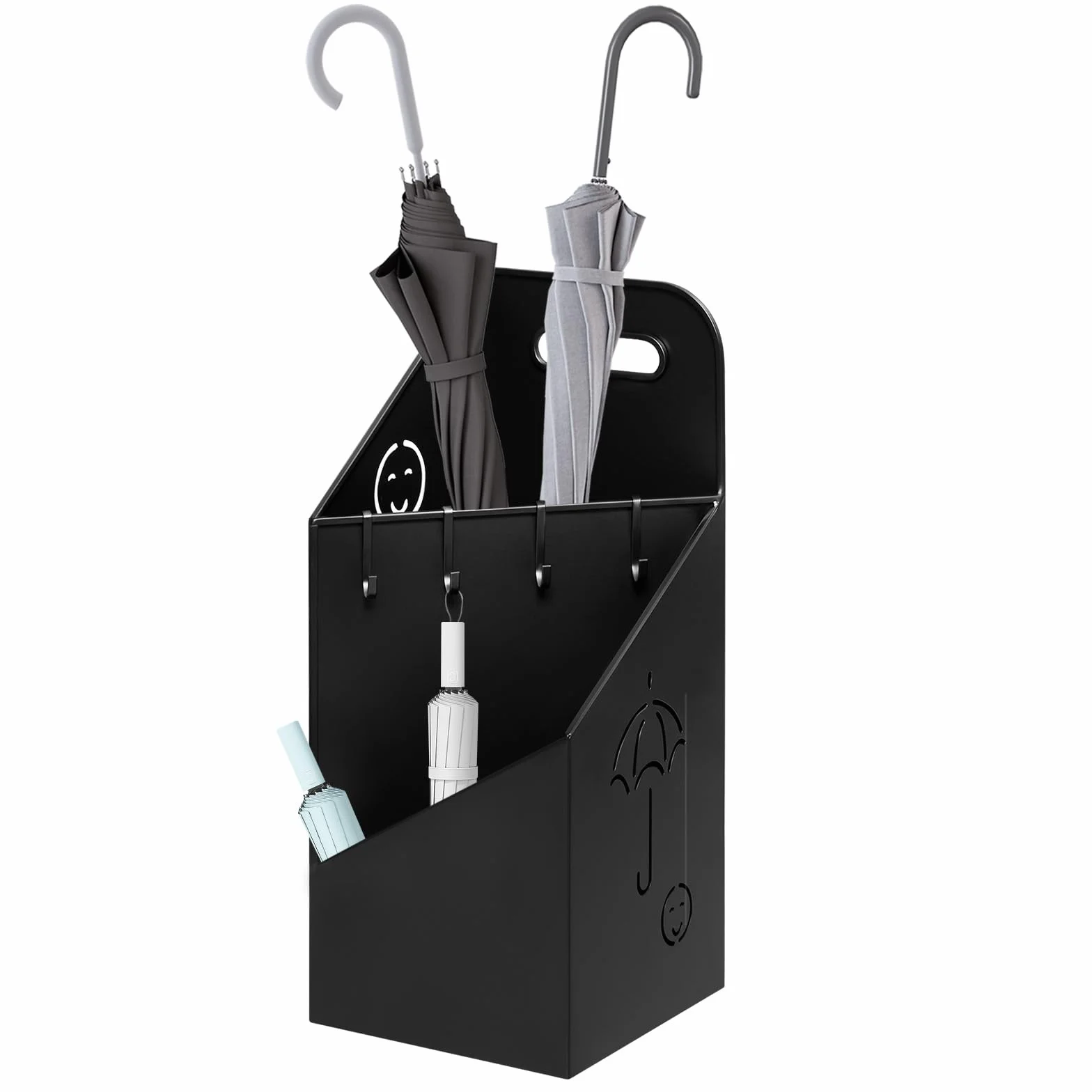 WOLTU Porte-Parapluie Métal Antirouille 4 Crochets 2 Zones Séparées Noir SST14an