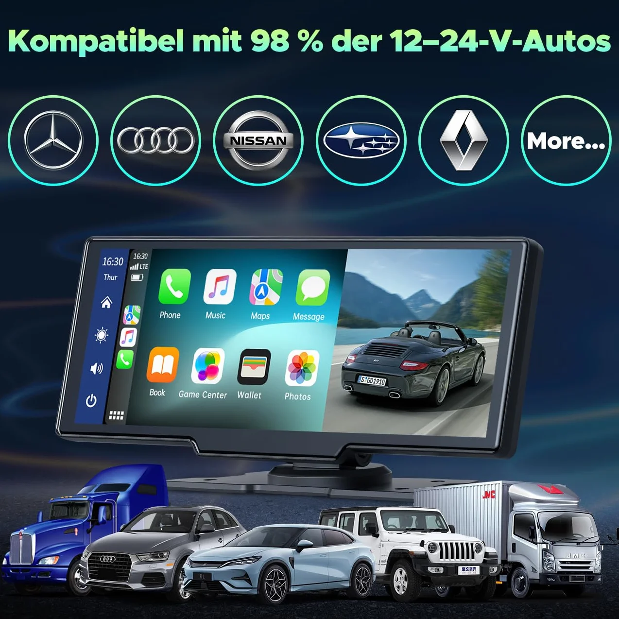 LAMTTO Bezprzewodowe radio samochodowe CarPlay z systemem Android, 9,26", przenośne, z kamerą rozdzielczą 2,5 K + 1080p z przodu, 64 G TF, Bluetooth, nawigacja, Mirror Link, Siri/G00gle, AUX/FM