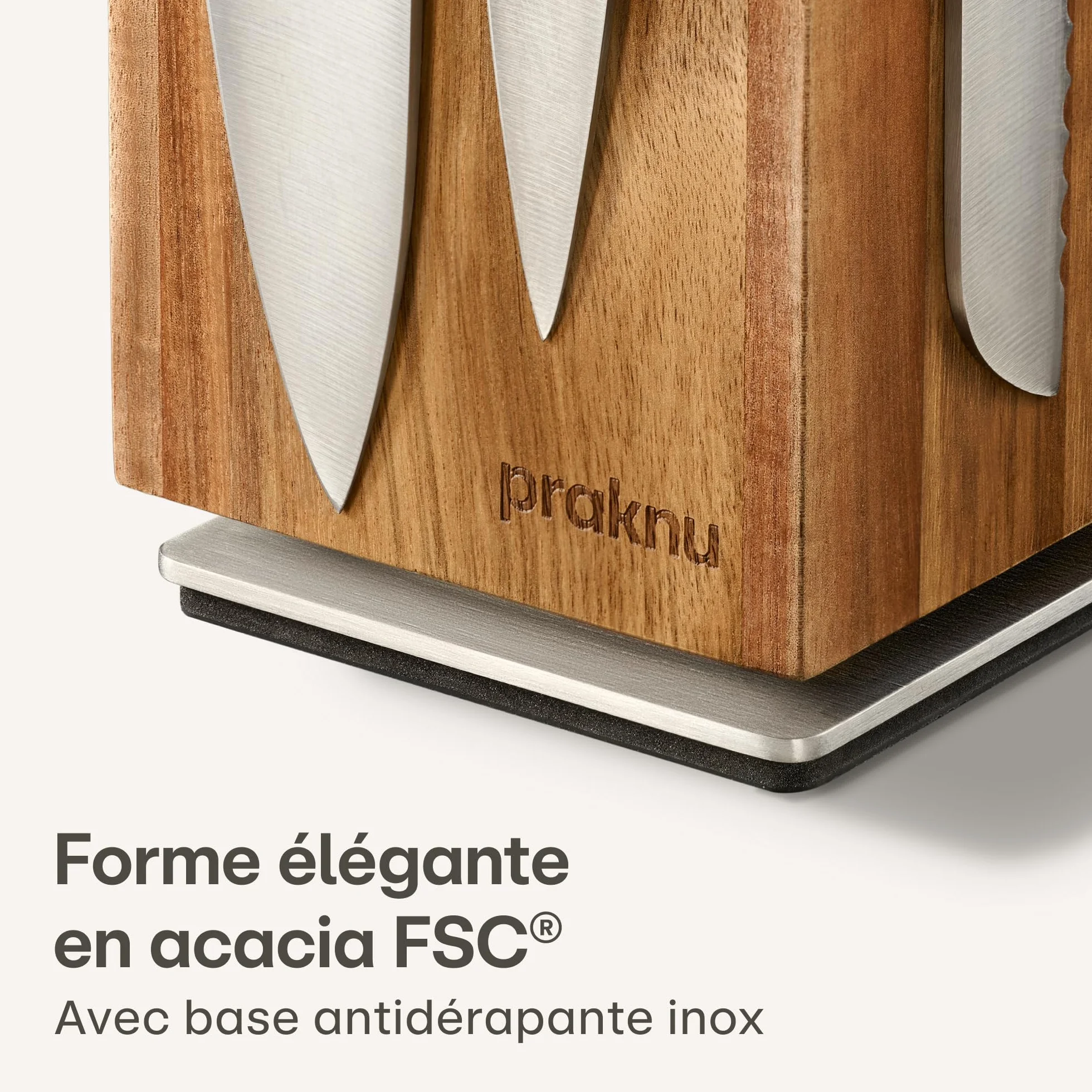 Praknu Bloc Couteaux Magnétique - 360° Rotatif Sans Couteaux FSC® Bois d'Acacia avec Espace pour Ustensiles de Cuisine - Aimant Puissant des Deux Côtés - Antidérapant