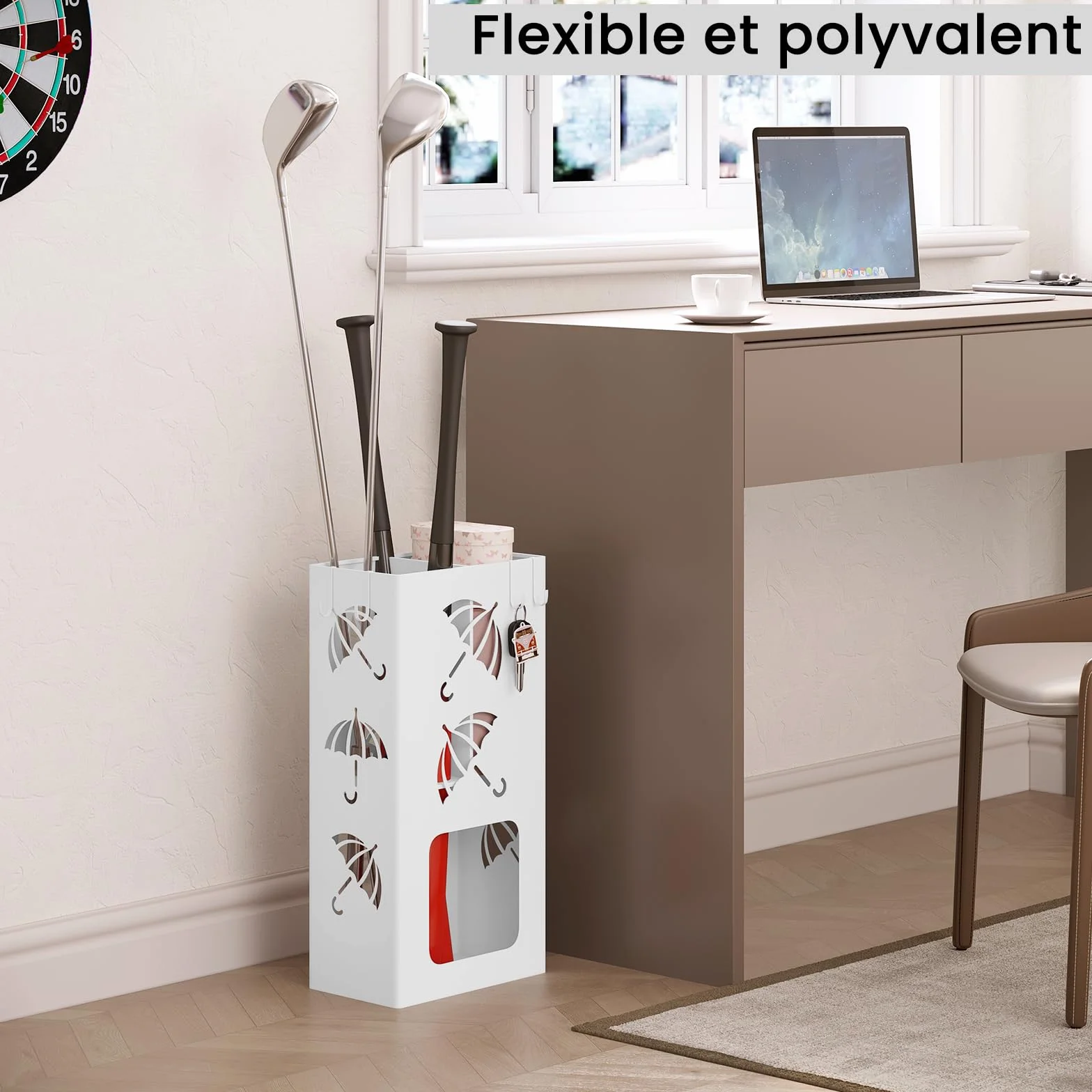 WOLTU Porte-Parapluie Rectangulaire 25×15×49 cm 4 Crochets Métal Laqué Blanc