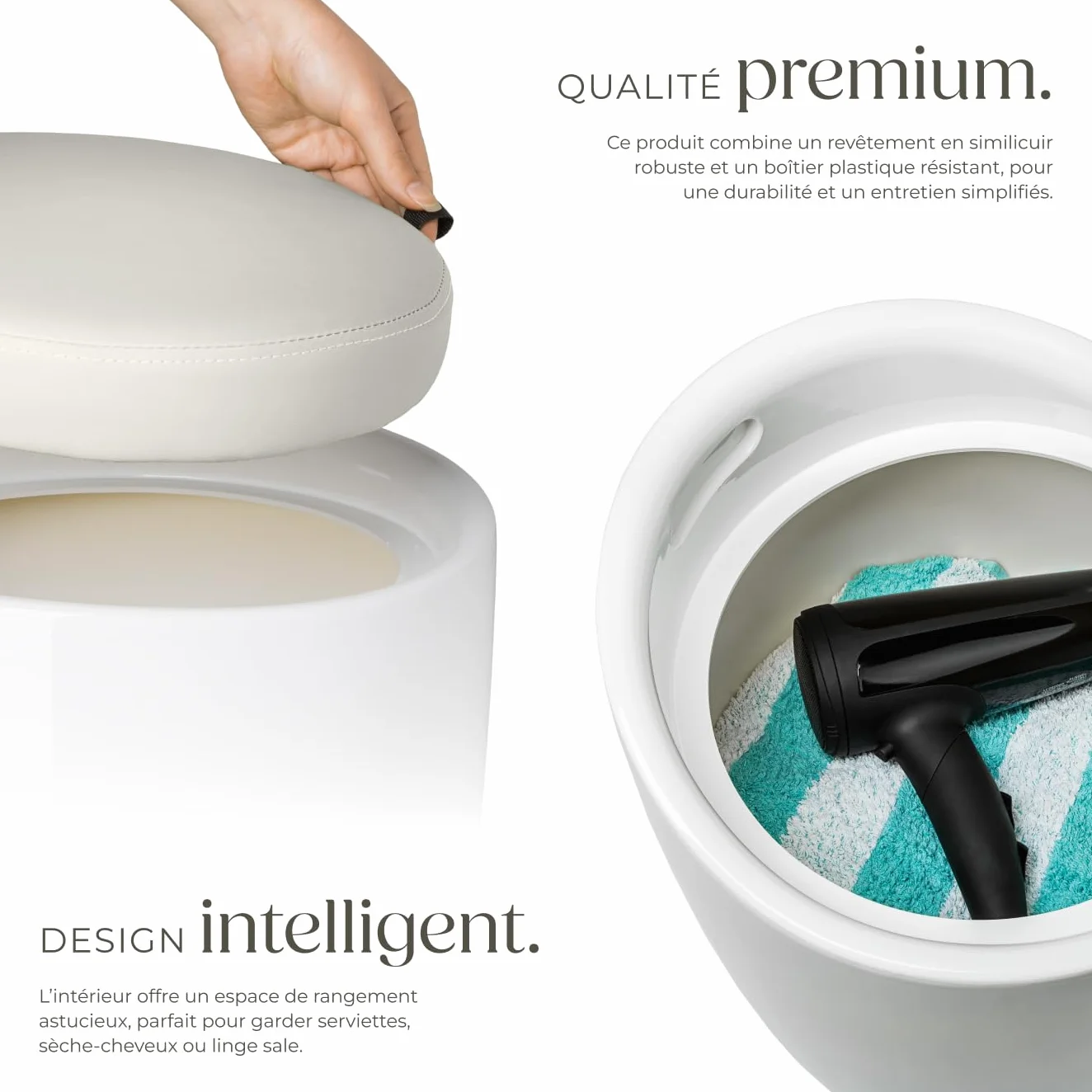 tectake® Tabouret Salle de Bain Panier à Linge 2en1, Ø 36 x 51 cm, Capacité 18 L, Coussin d'assise 5 cm Amovible, Meuble Salle de Bain Coffre Rangement Tabouret Coffre Rangement Bac a Linge, Blanc