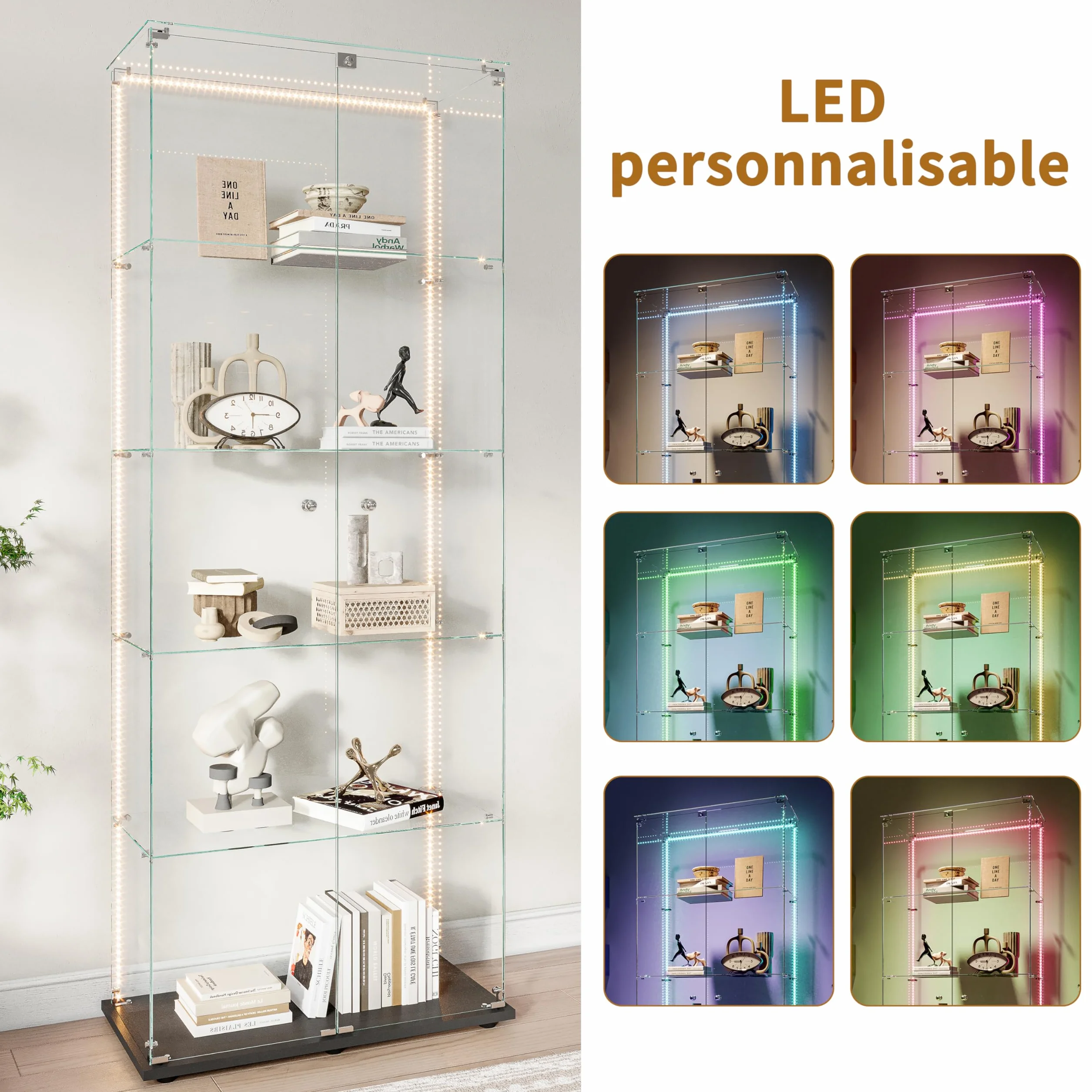 Vitrine,vitrine en Verre de 187x79x35cm,5 Couches avec LED 2 Porte et Serrure,Armoire de Collection Moderne en Verres,Armoire de Rangement en verre Debout pour Salon,Chambre à Coucher, Bureau