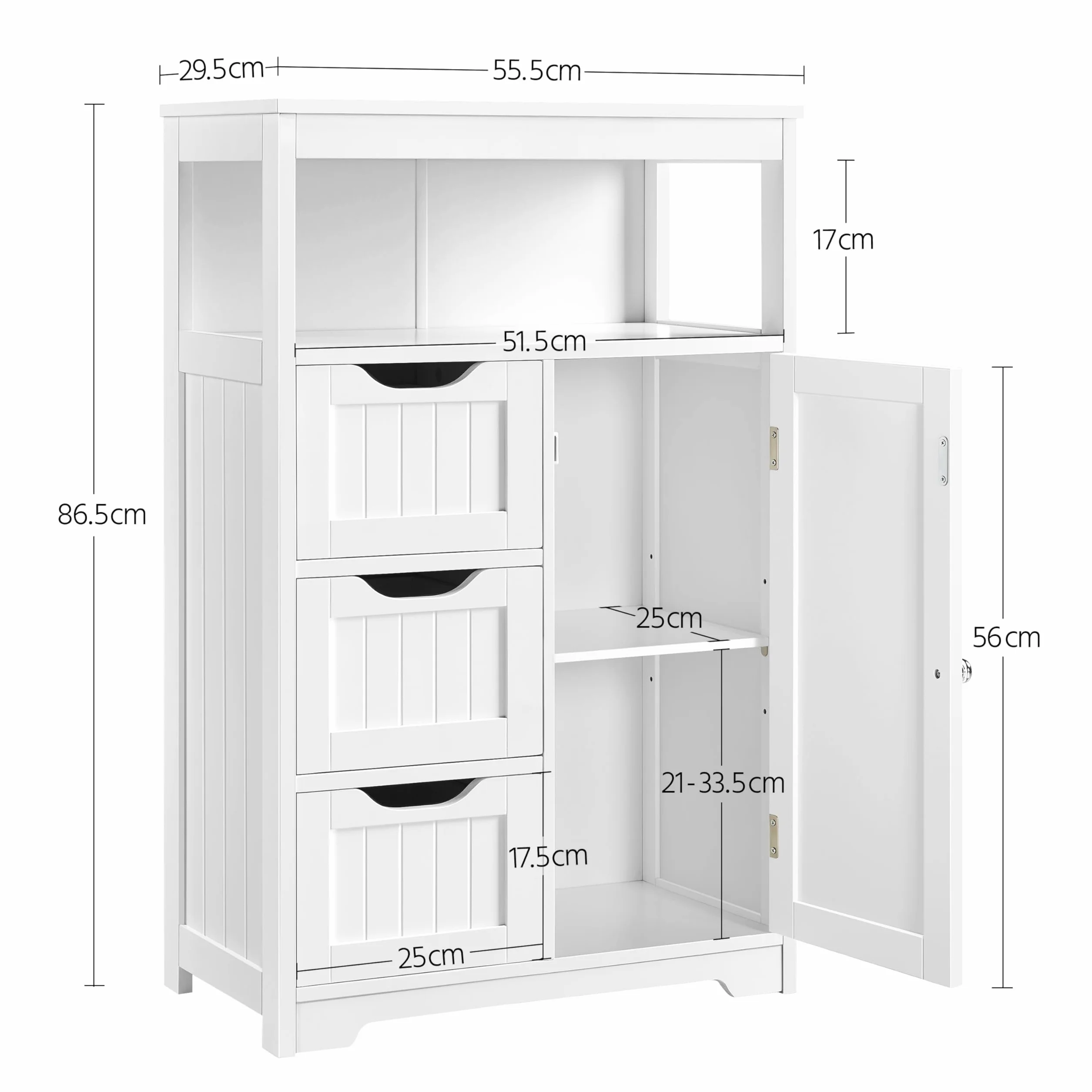 Yaheetech Meuble/Commode de Salle de Bain en Bois, 55,5 x 29,5 x 86,5 cm, avec 3 Tiroirs, 1 Placard, 1 Compartiment Ouvert, Salon, Cuisine, Couloir Blanc