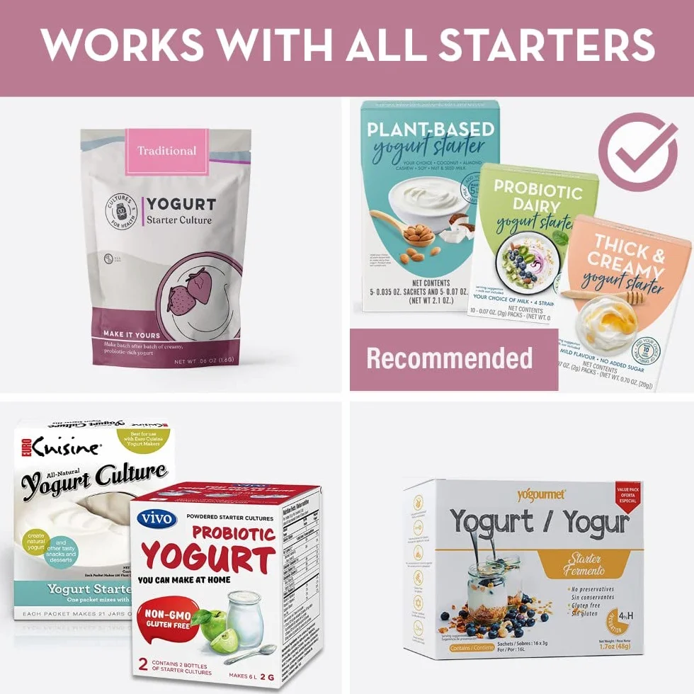 Yaourtière en acier inoxydable avec bocal en verre de 1 quart (0,95 litre) et livre de recettes complet pour faire plus de 12 yaourts faits maison sans produits laitiers et au lait
