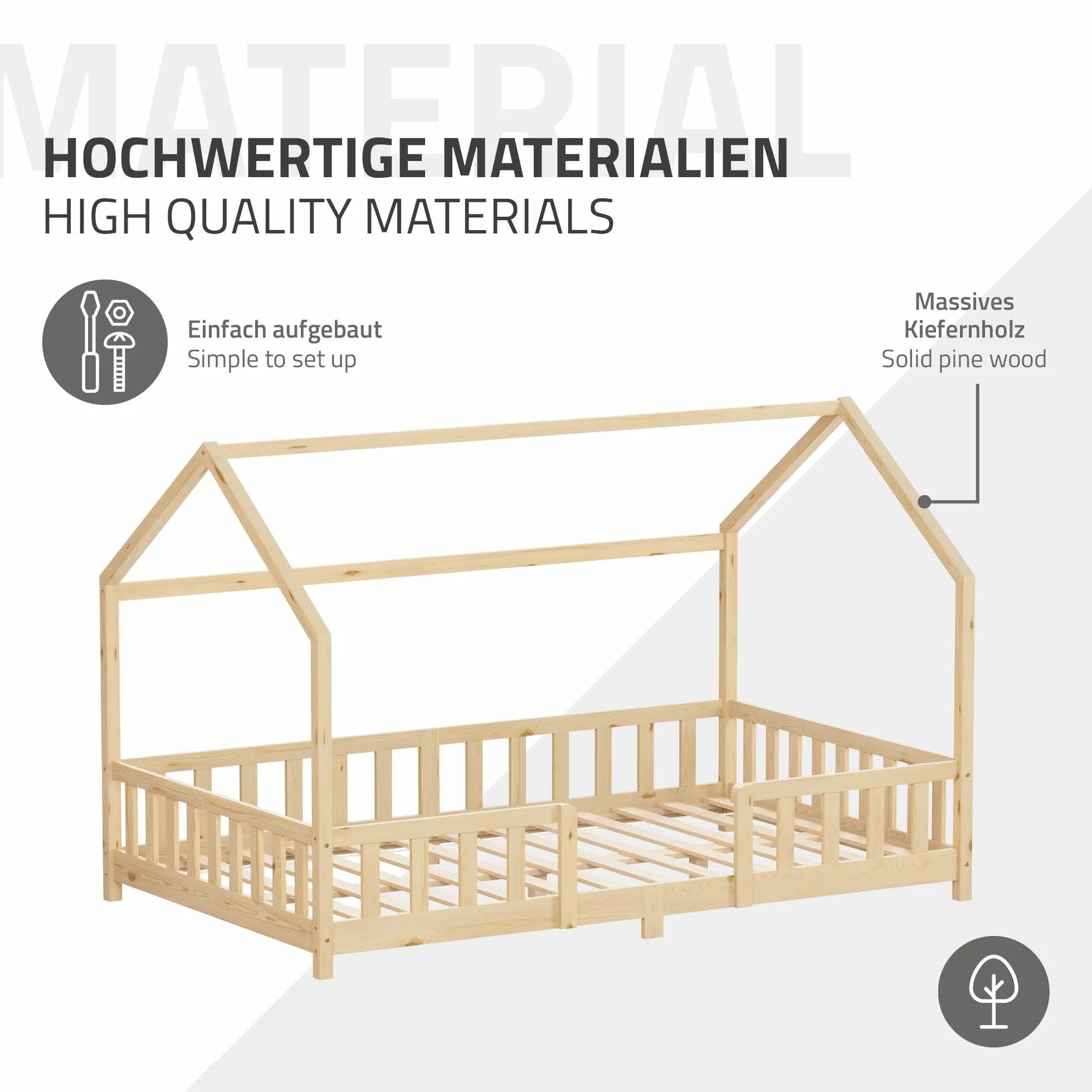ML-Design Lit Cabane Enfant 120x200 cm Naturel (Beige) en Bois avec Protection Étendue Anti-Chute, Toit et Sommier à Lattes, Style Maison, Couchage Maisonnette Lit Double pour Adolescent Fille Garçon