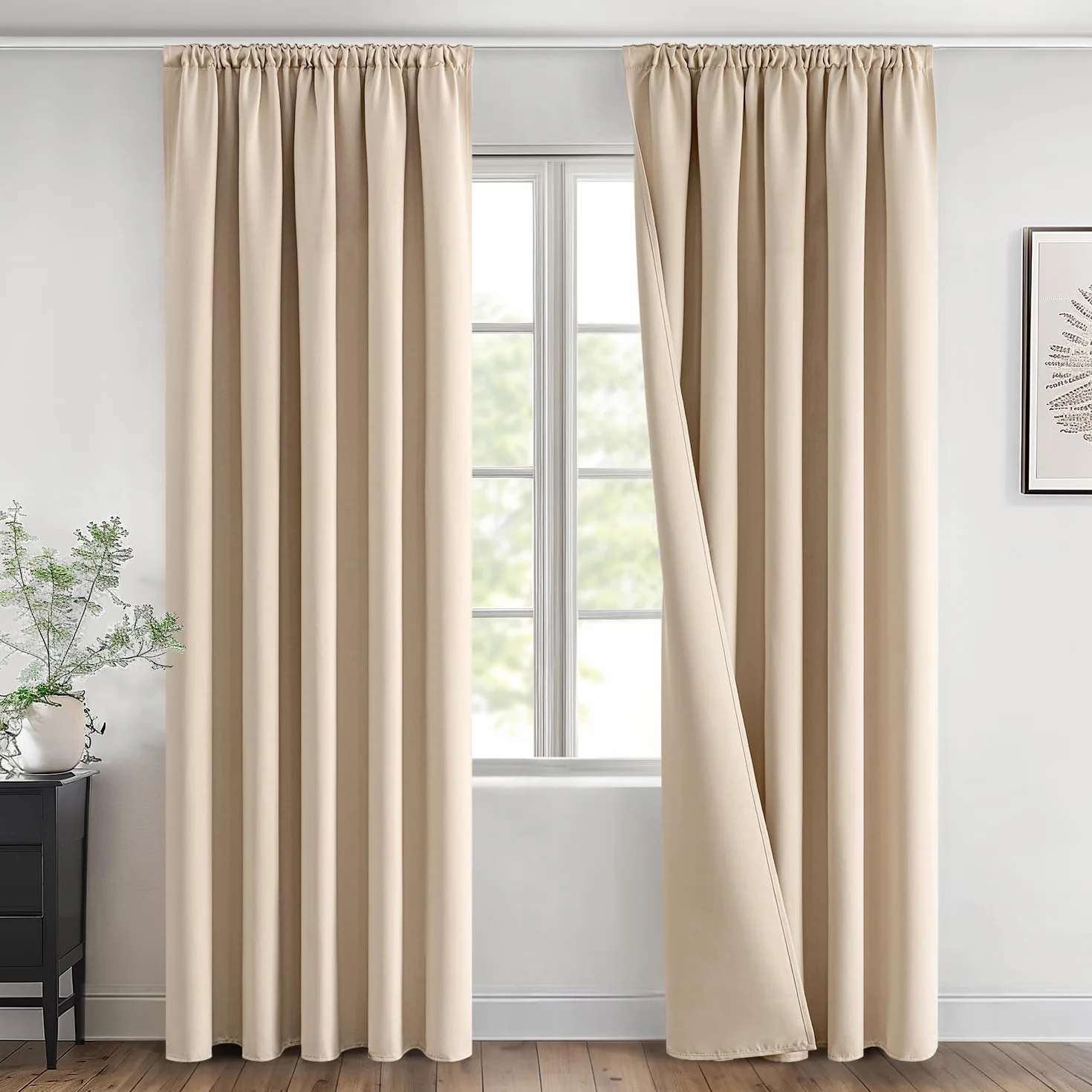 MIULEE Rideau Occultant Thermique Isolants Anti Froid Chaleur Galon Fronceur, Tenture Opaque Beige 140x245, Rideaux Isolant Phonique Chambre Salon 2 Pièces