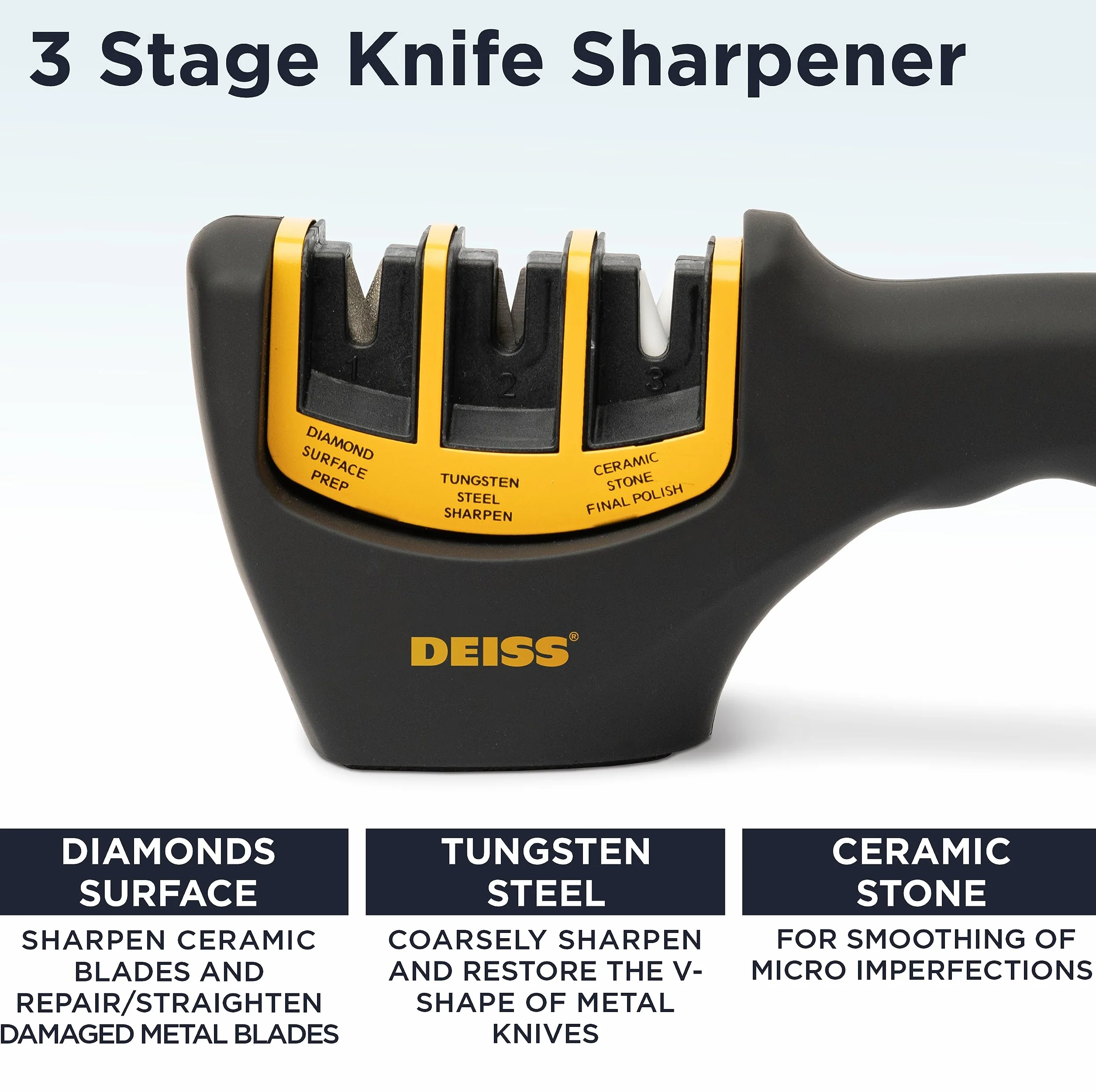 Deiss PRO Aiguiseur de couteaux 3 étapes manuel professionnel pour lames de cuisine, poche, chasse et céramique (ORANGE)