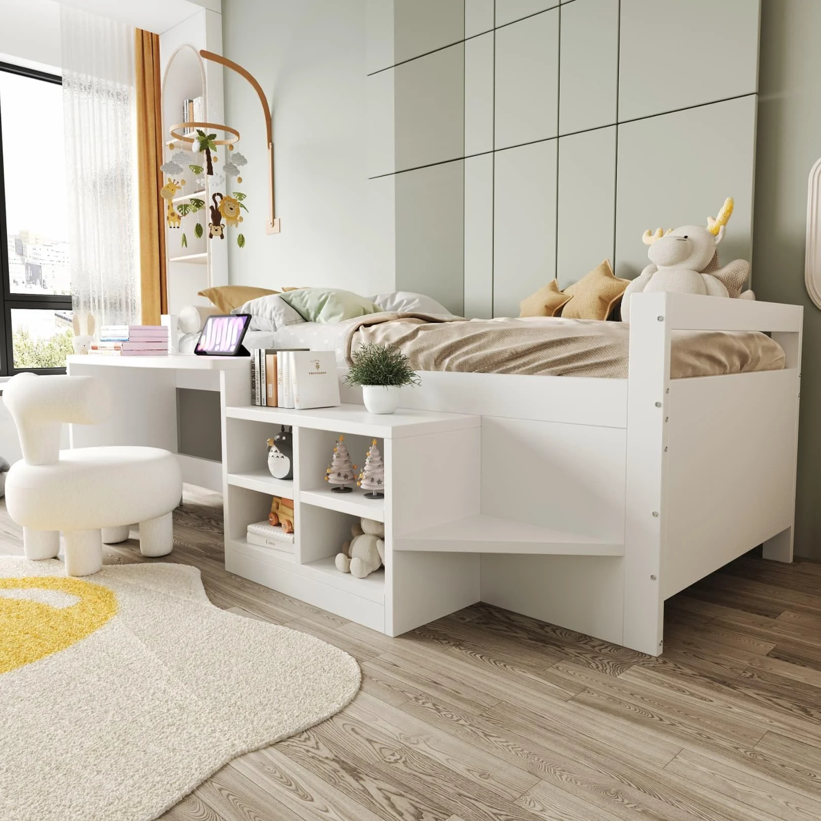 Lit Une Place 90x200cm,Lit 1 Personne avec Bureau,Prises électriques,4 Compartiments de Rangement,Sommier à Lattes Solide,pour Garçons Filles(A-Blanc, 90x200)