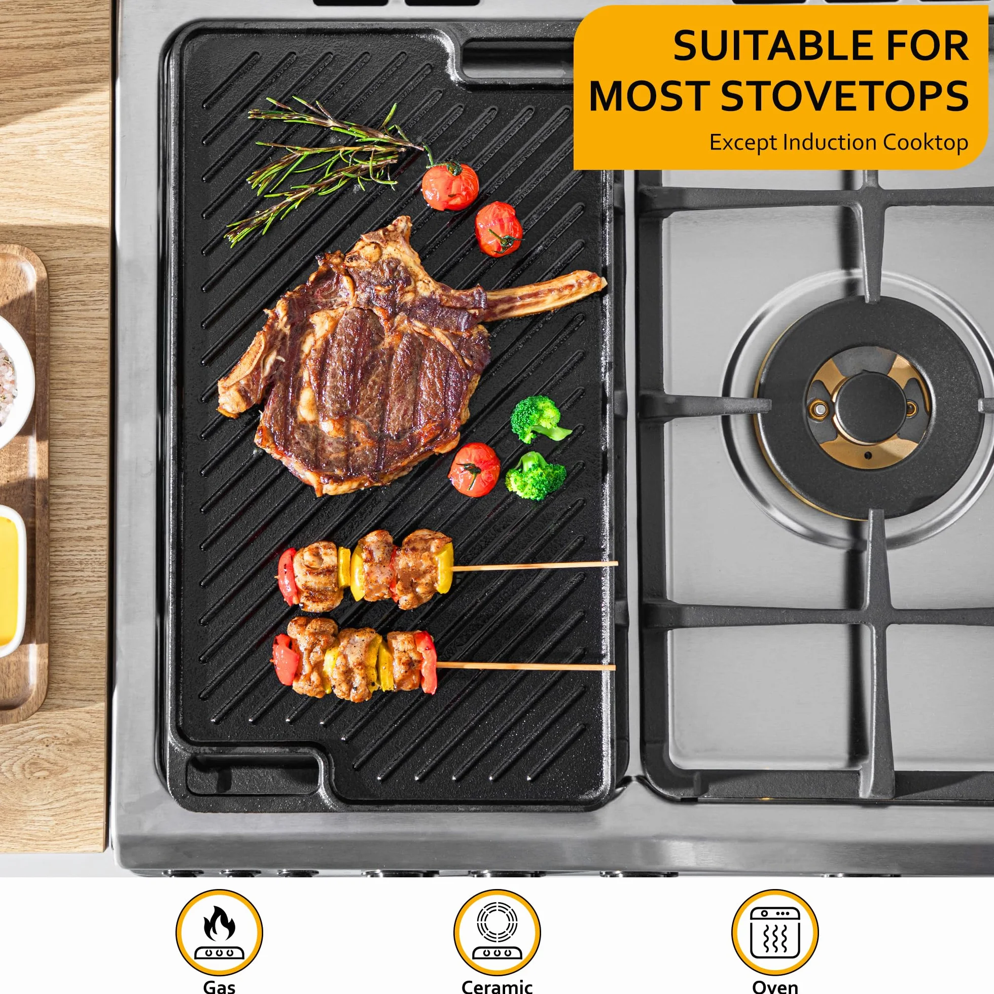 Velaze Plaque à Steak en Fonte, Plaque de Cuisson Barbecue en Fonte pour la Viande et Steak,Poêle Deux Côtés Utilisables de, Convient Induction, Grille Électrique, Gaz ou Charbon - 45.5cm x 26cm