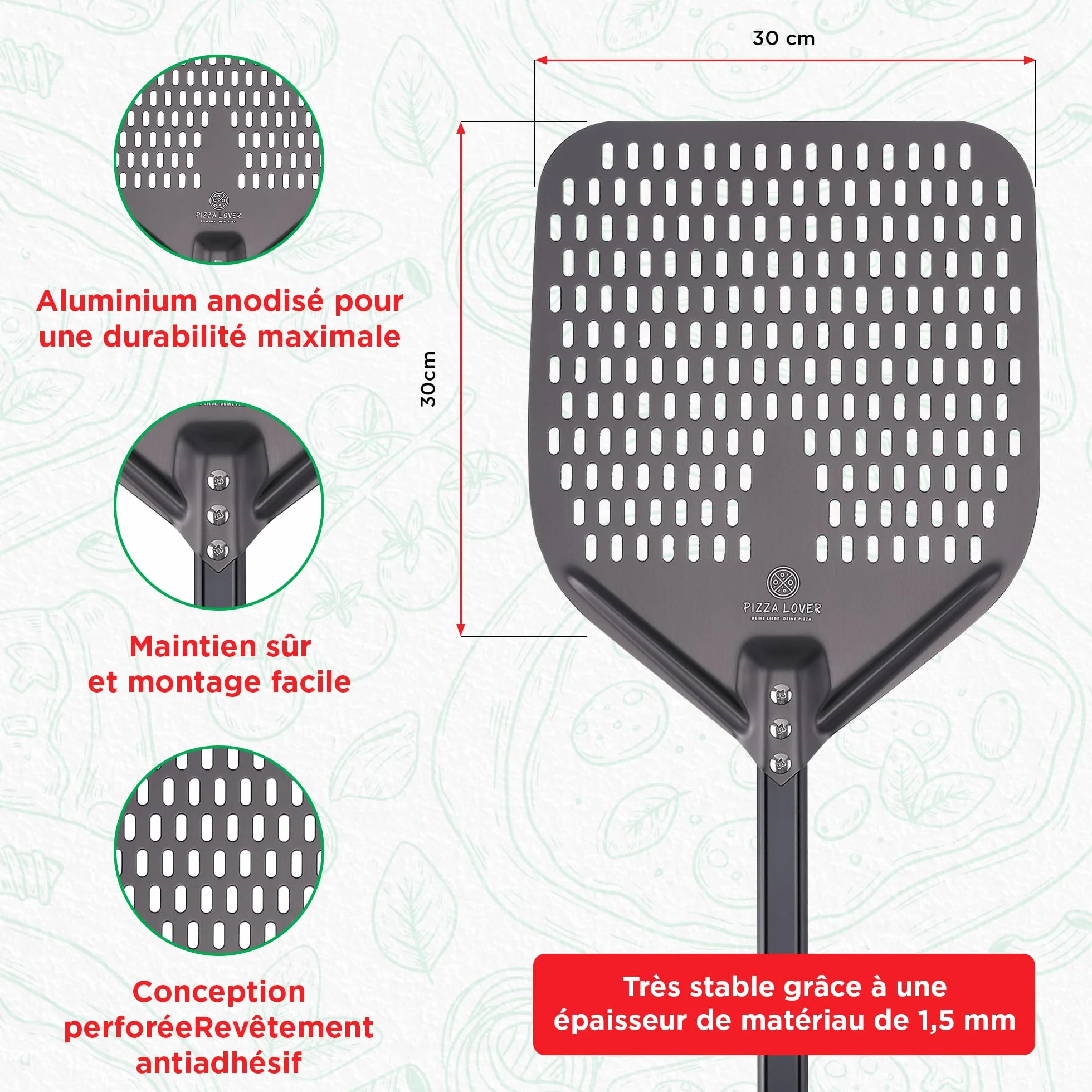 Pizza Lover Kit de pierres à pizza de qualité supérieure pour four et barbecue - 4 en 1 - Avec pelle à pizza perforée (anodisée dure) + pierre à pizza jusqu'à 800 °C en cordiérite + roulette à pizza