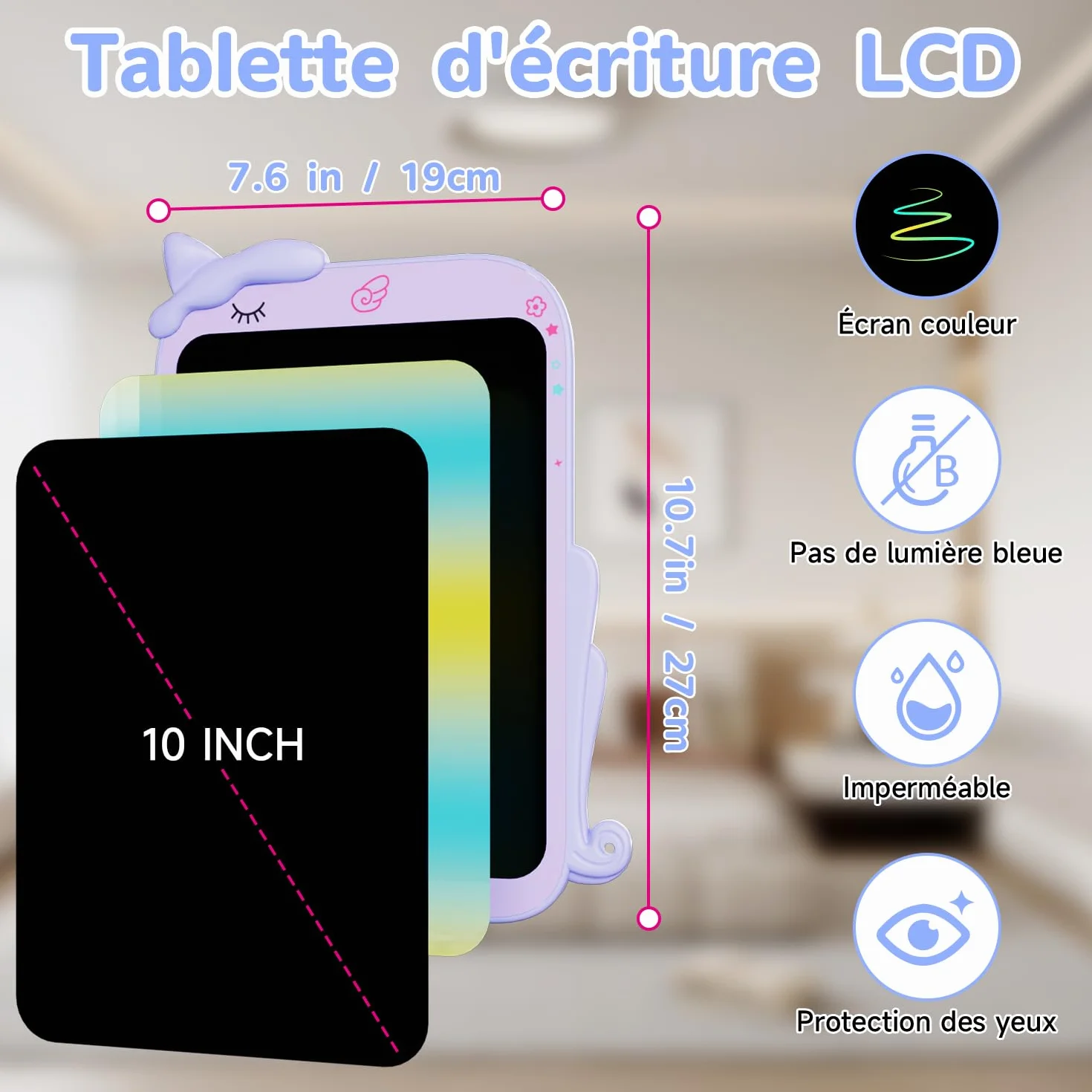 Ardoise Magique LCD 10 Pouces Écran Couleur Cadeau Enfant 3-8 Ans Anti-Lumière Bleue Dessin Réutilisable