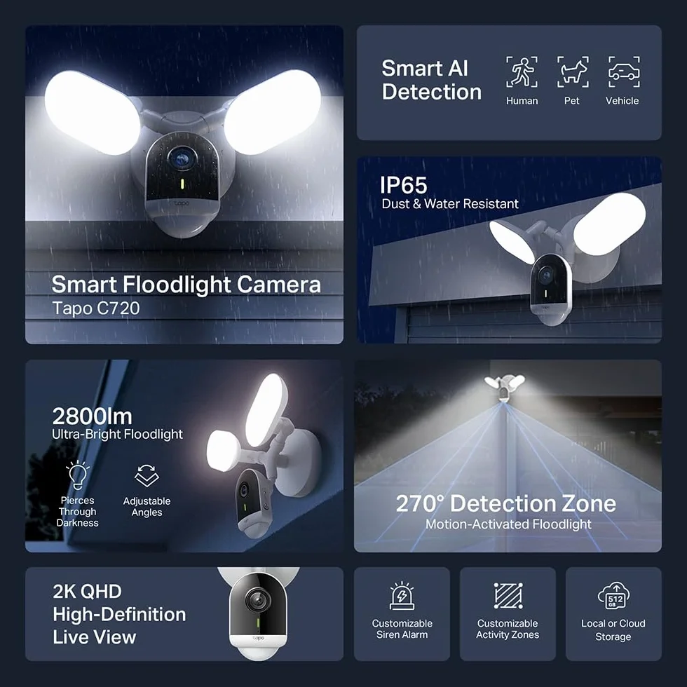 Tapo C720 Zewnętrzna kamera Wi-Fi 2K, 4 MP, kolorowa wizja i projektory 2800 lumenów, regulacja jasności i aktywacja wyzwalacza, wykrywanie Smart AI, MicroSD do 512G, IP65, tylko twardy