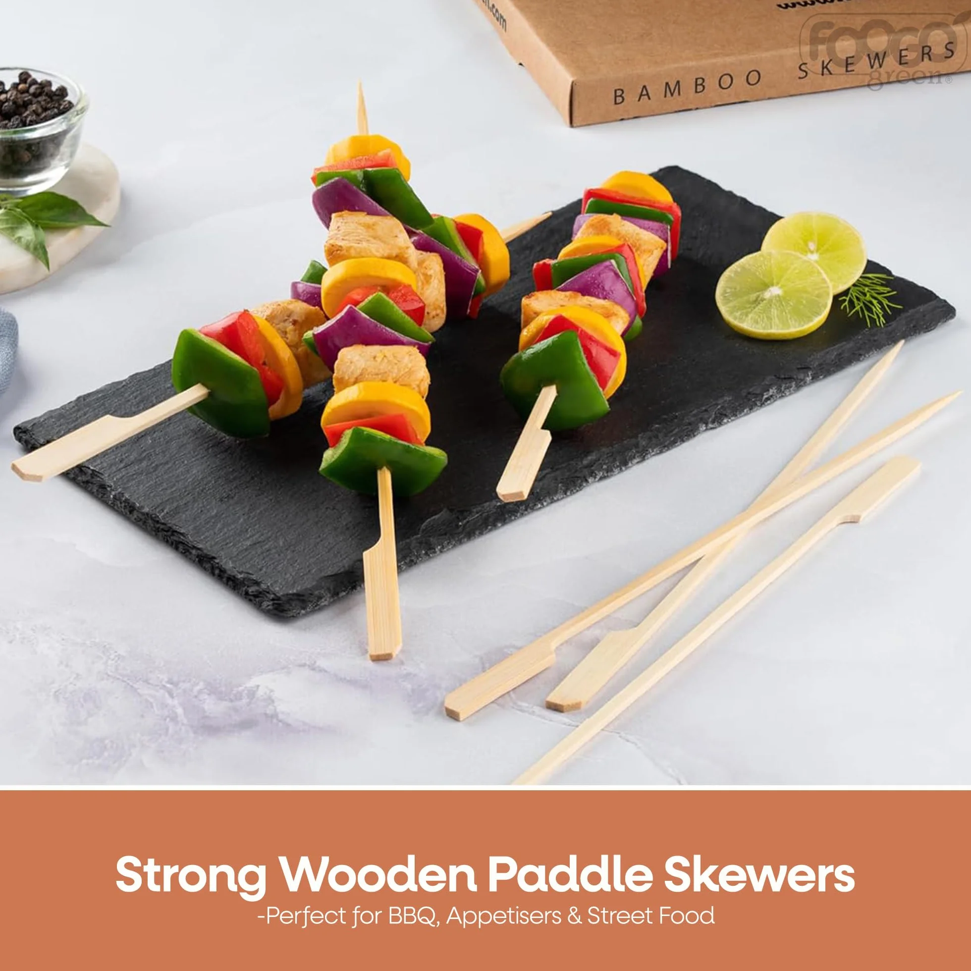 Brochettes en bambou 25cm FOOGO Green - Brochettes barbecue écologiques robustes pour fruits cocktails fête mariage