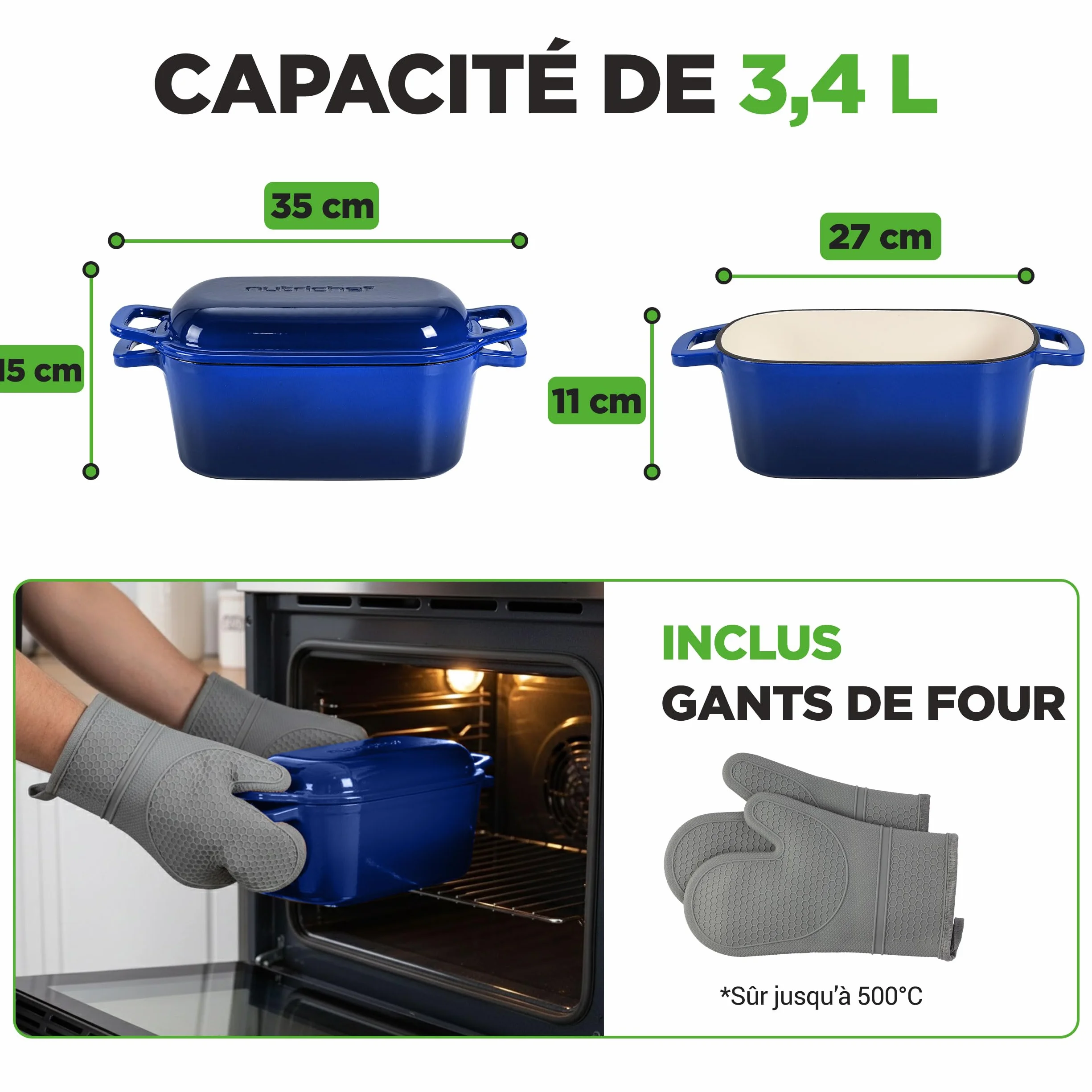 NutriChef Moule à Pain en Fonte Émaillée avec Couvercle – Cocotte Ovale Dutch Oven 2,7 L pour Pain au Levain, Pain Artisanal, Cuisson Vapeur, Rôtir, Mijoter, Four 260 °C, Gants Silicone