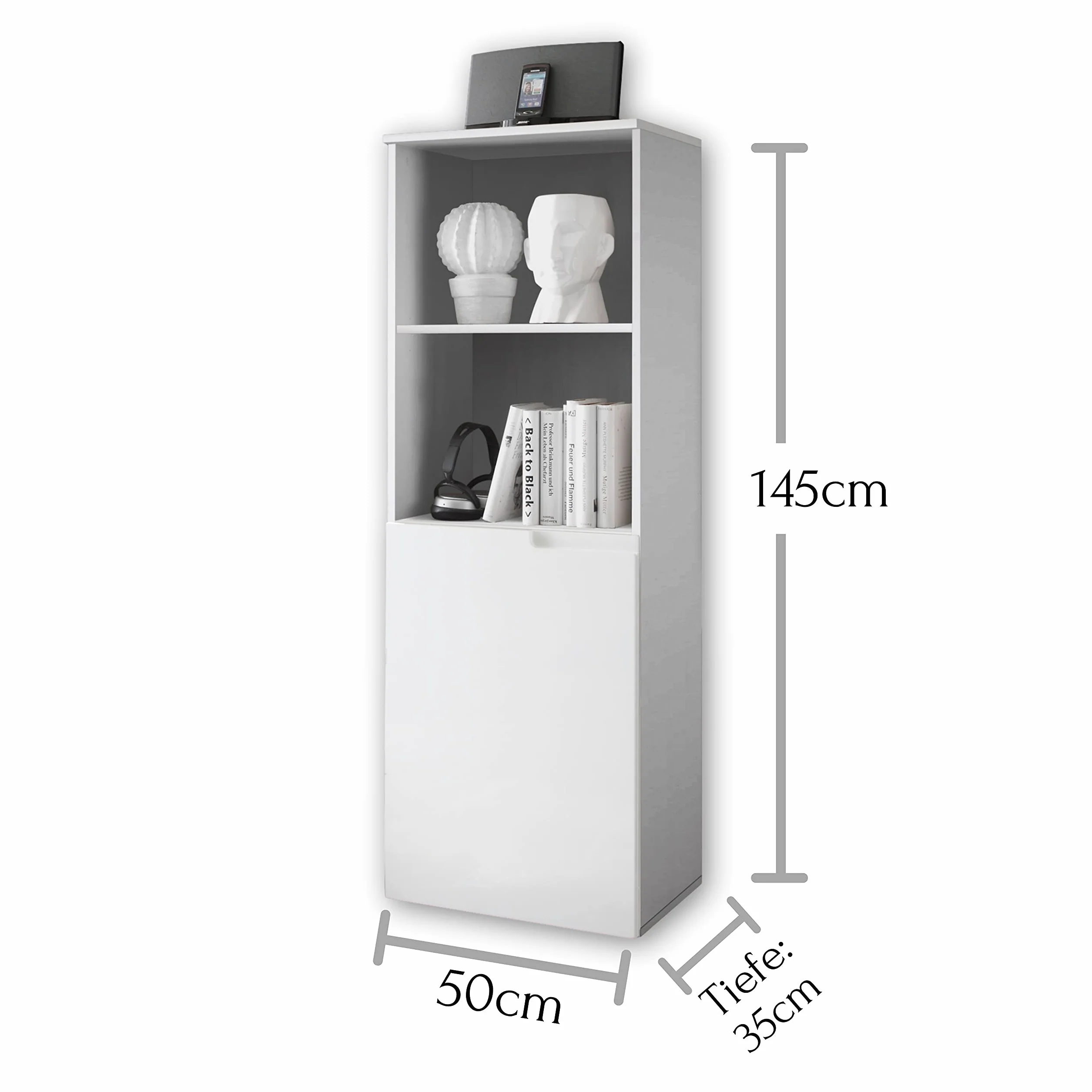 Stella Trading SPICE Meuble rangement bureau blanc brillant Armoire 2 compartiments ouverts Mobilier bureau moderne 50 x 145 x 35 cm
