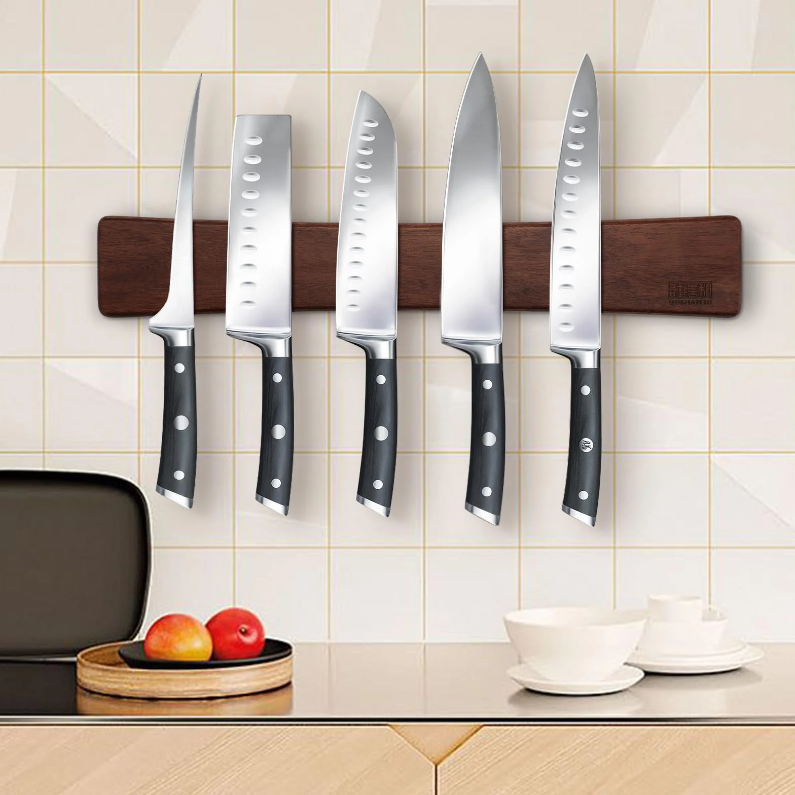 HOSHANHO Porte Couteaux Aimanté en Bois 40cm Barre Magnétique pour Couteaux Ustensiles et Outils