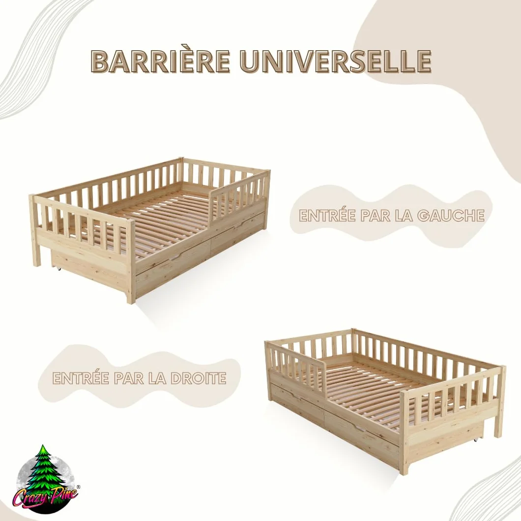 Lit Enfant avec Tiroirs 190x90 cm – Montessori au Sol en Bois Massif avec Barrière – Sécurisé pour Tout-Petit – Design Scandinave, Montage Facile - Crazy Basic