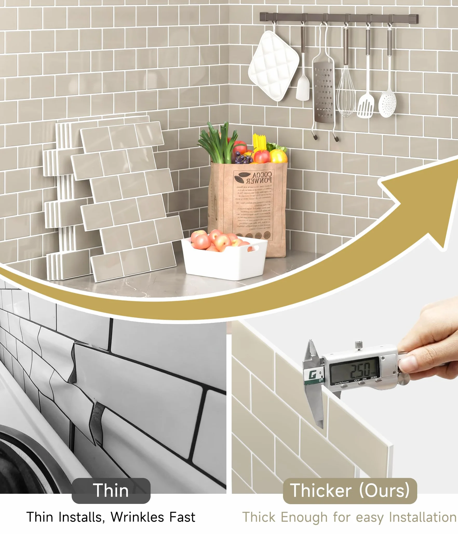Faux Carrelage Adhésif Mural Crédence Style Métro Beige 3D 10 Pièces Cuisine Salle de Bain