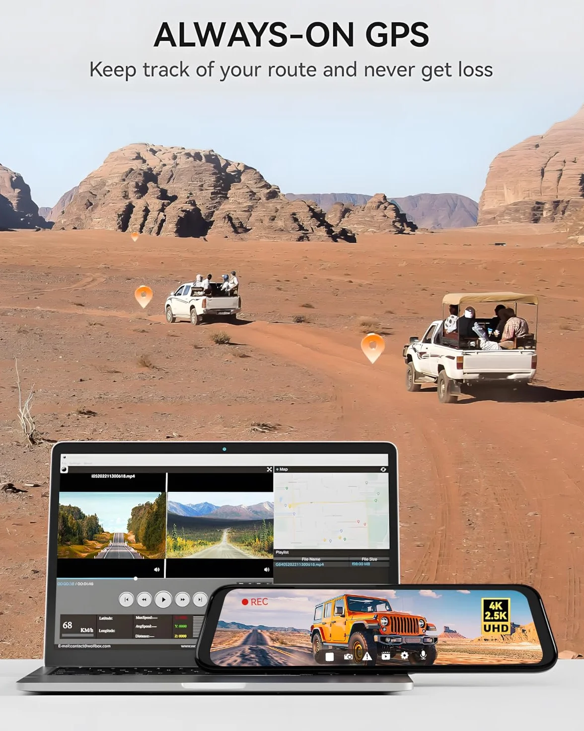 WOLFBOX Dashcam 4K + 2,5K für Rückspiegel: Front- und Rückspiegel Dashcam für Auto mit 12 Zoll Bildschirm, WDR Kamera, Nachtsicht, 64GB Karte und gratis GPS