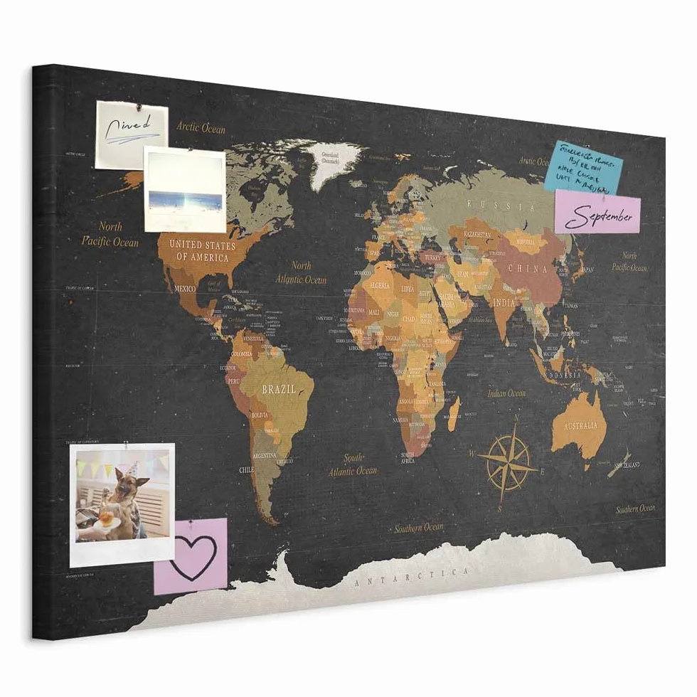 murando - Tableau à Épingles et Peinture sur Toile Combinés 120x80 cm - Avec Crochets Clous et Punaises Argentées - Panneau en Fibres pour Notes et Affichage - Carte du monde k-C-0048-v-a