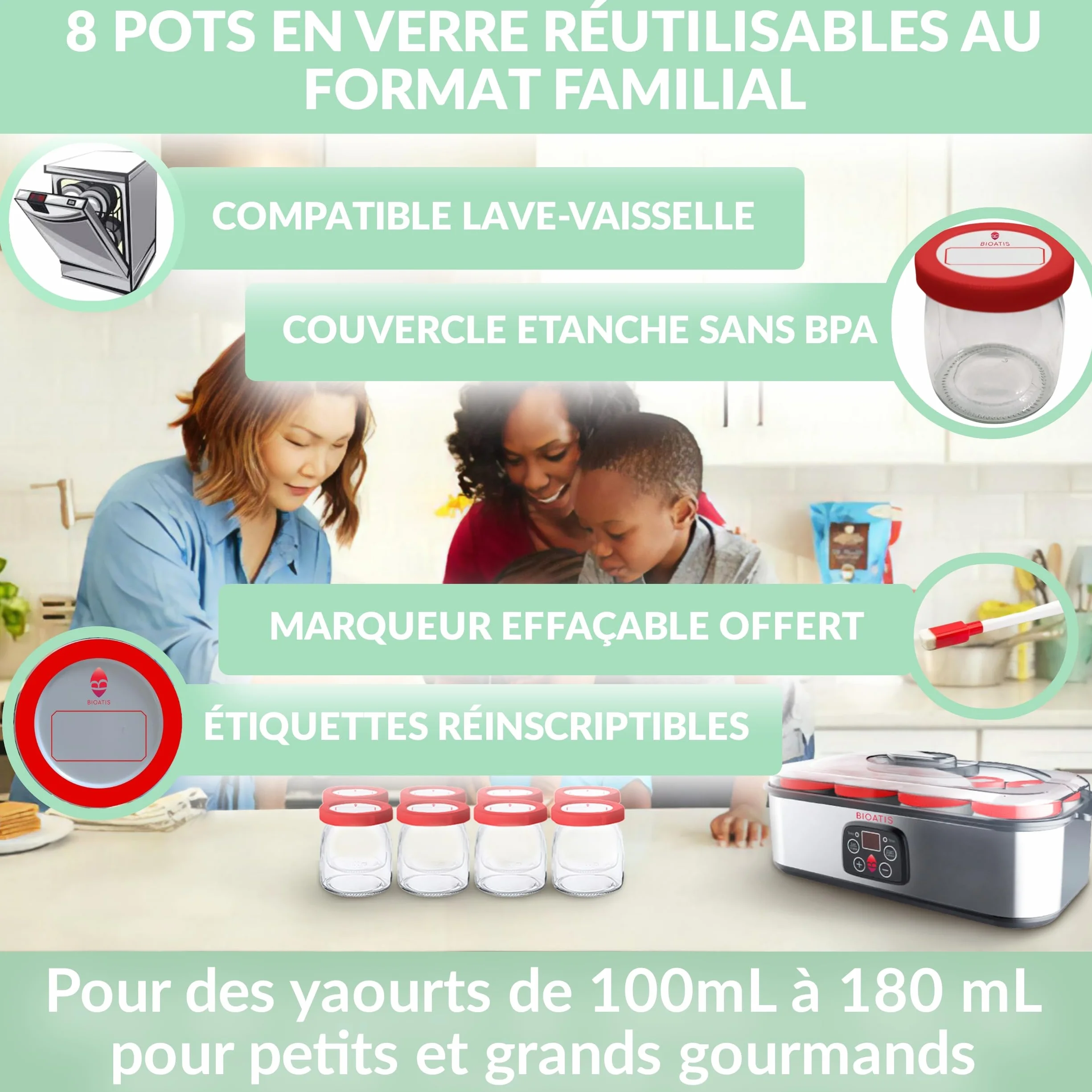 Yaourtière Inox Améliorée Compacte. 84 Recettes et Notice française. Couvercle hermétique avec Etiquette et Marqueur Inclus. 8 pots x 180ml en Verre sans BPA. Ecran LCD. Minuterie et Arrêt Automatique