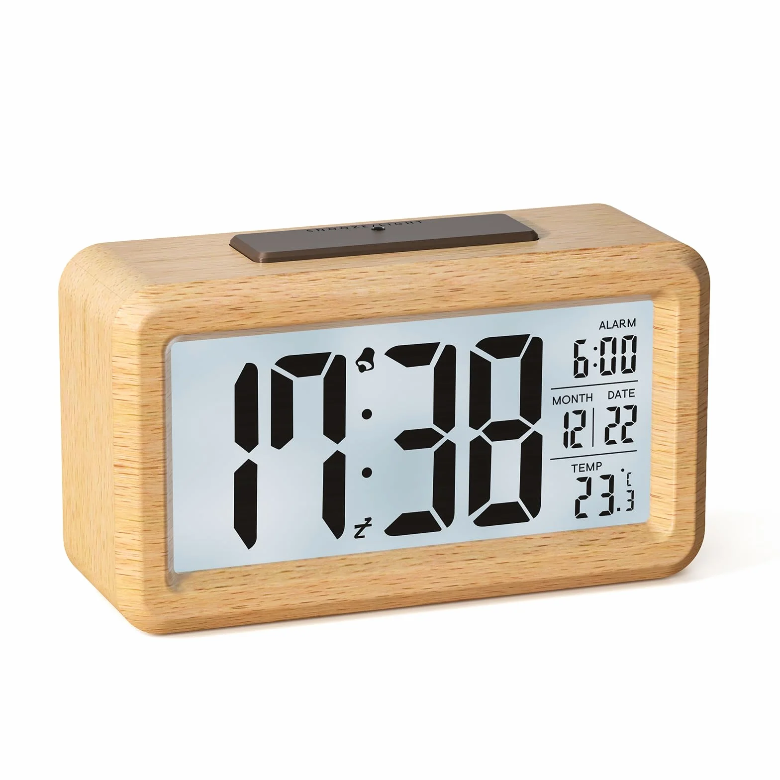 Réveil Numérique en Bois avec Grand Écran LCD, Rétroéclairage, Date, Température, Capteur de Lumière, Snooze, 3 Piles AAA Incluses