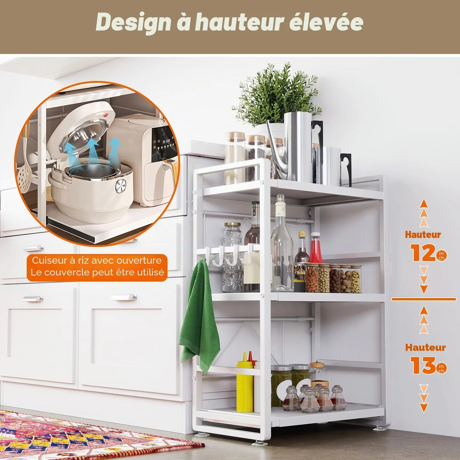 Étagère de cuisine à 3 niveaux - Réglable en hauteur et extensible avec tiroir - En acier au carbone - Avec crochets et ventouses de renfort - Étagère de boulangerie (blanc)