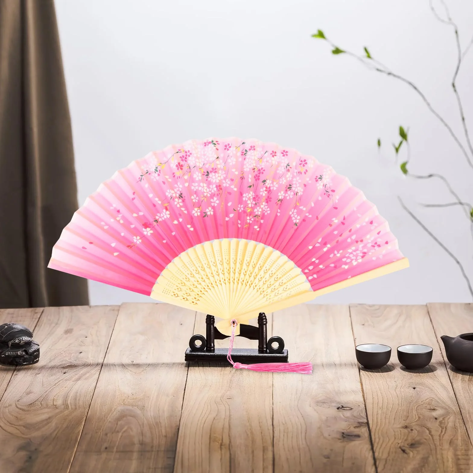 Japonais Éventail Tissu Bois Plié Chinois Soie Bambou Frange Mini Lot de 4