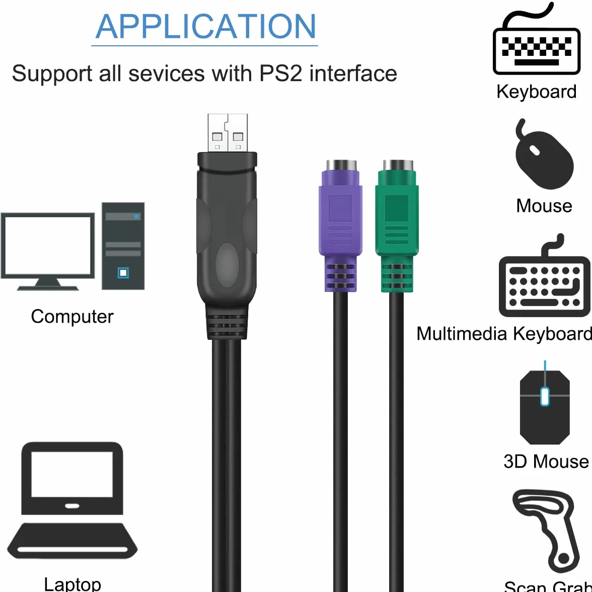 Câble adaptateur PS2 vers USB 2.0 pour clavier et souris, 2 en 1 convertisseur PS/2 femelle vers USB A mâle
