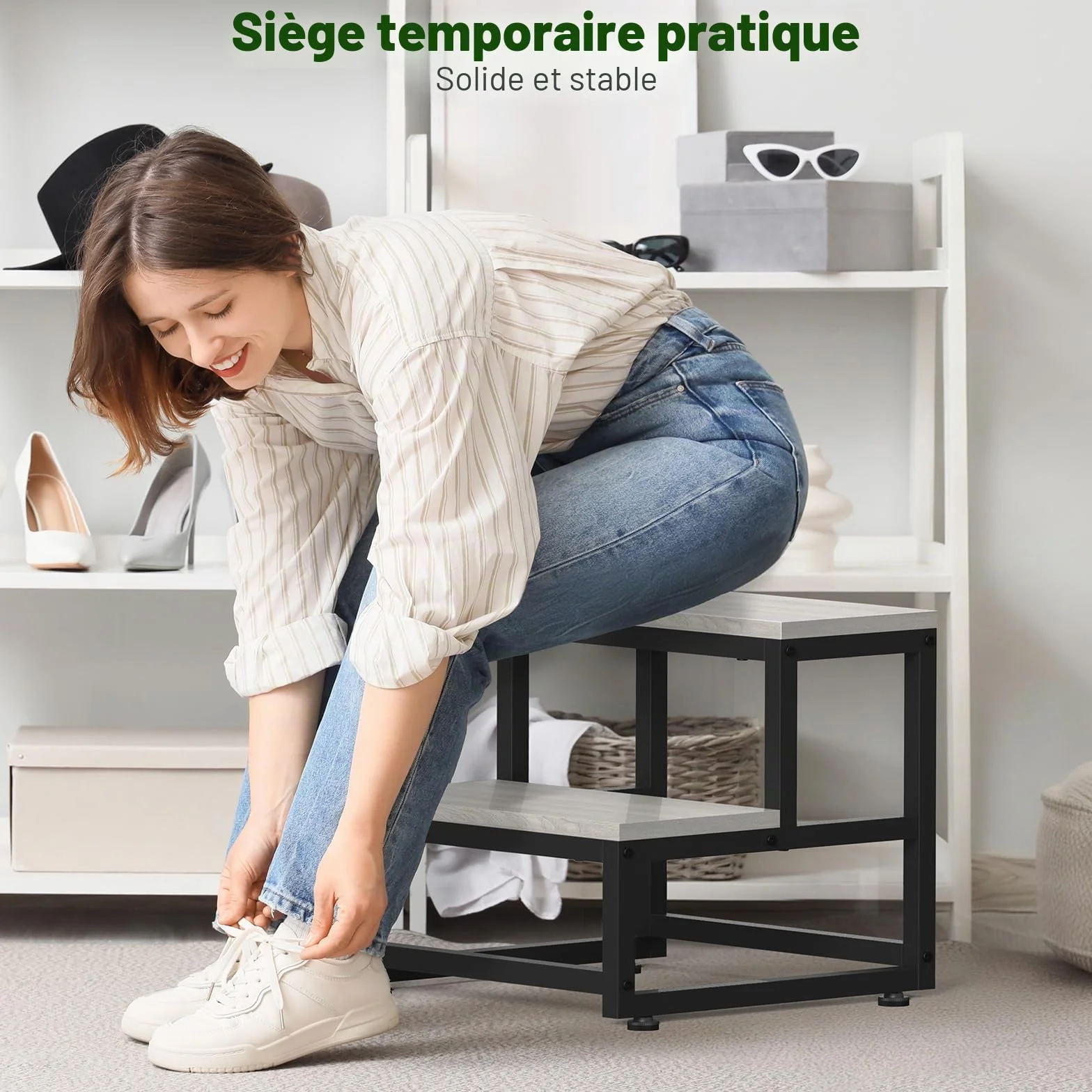 LIANTRAL Marchepied à 2 marches pour Adultes et Enfants, en Acier Robuste et en Bois Robuste, supporte jusqu'à 200 kg, Repose-Pieds pour lit Haut, Cuisine, Salle de Bain, Gris et Noir