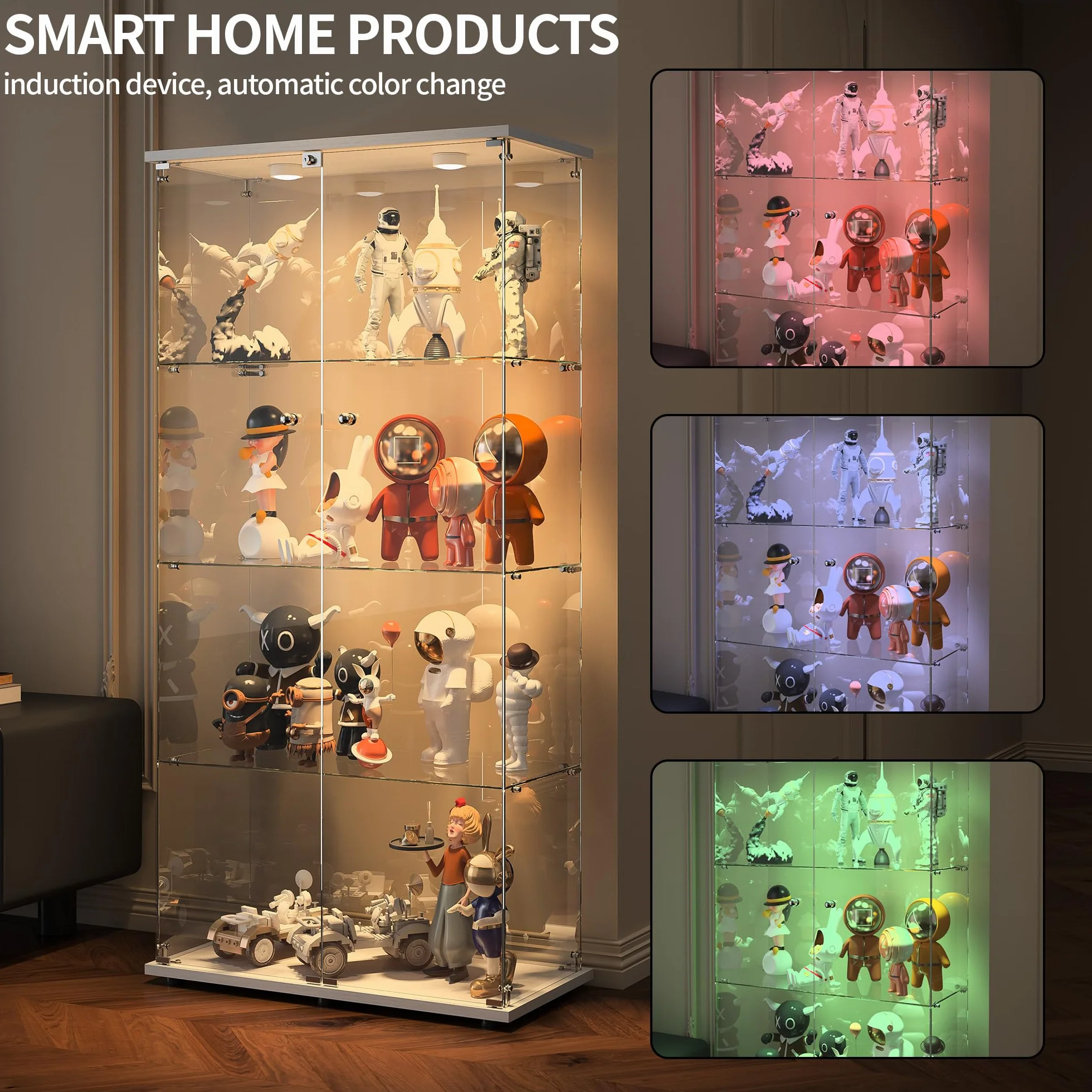 Vitrine en Verre à Miroir avec 4 Étagères, 2 Portes, 164 × 80,5 × 36,5 cm, Collection d'Exposition à Colonne pour Salon avec LED