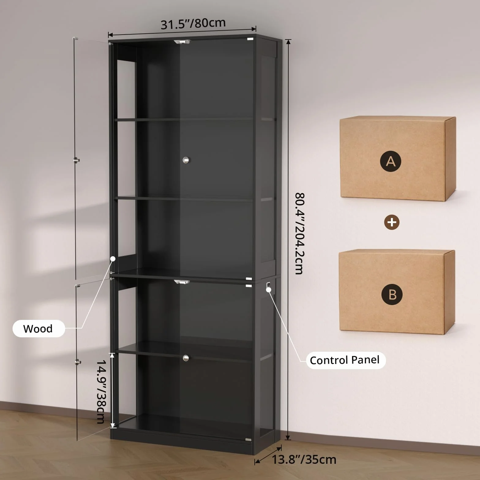 VOWNER Vitrine 5 étages en Verre avec éclairage LED 3 Couleurs, détecteur Intelligent, tablettes en Verre autonomes pour Figurines et Collection, Salon Chambre (Noir, 5 étages)