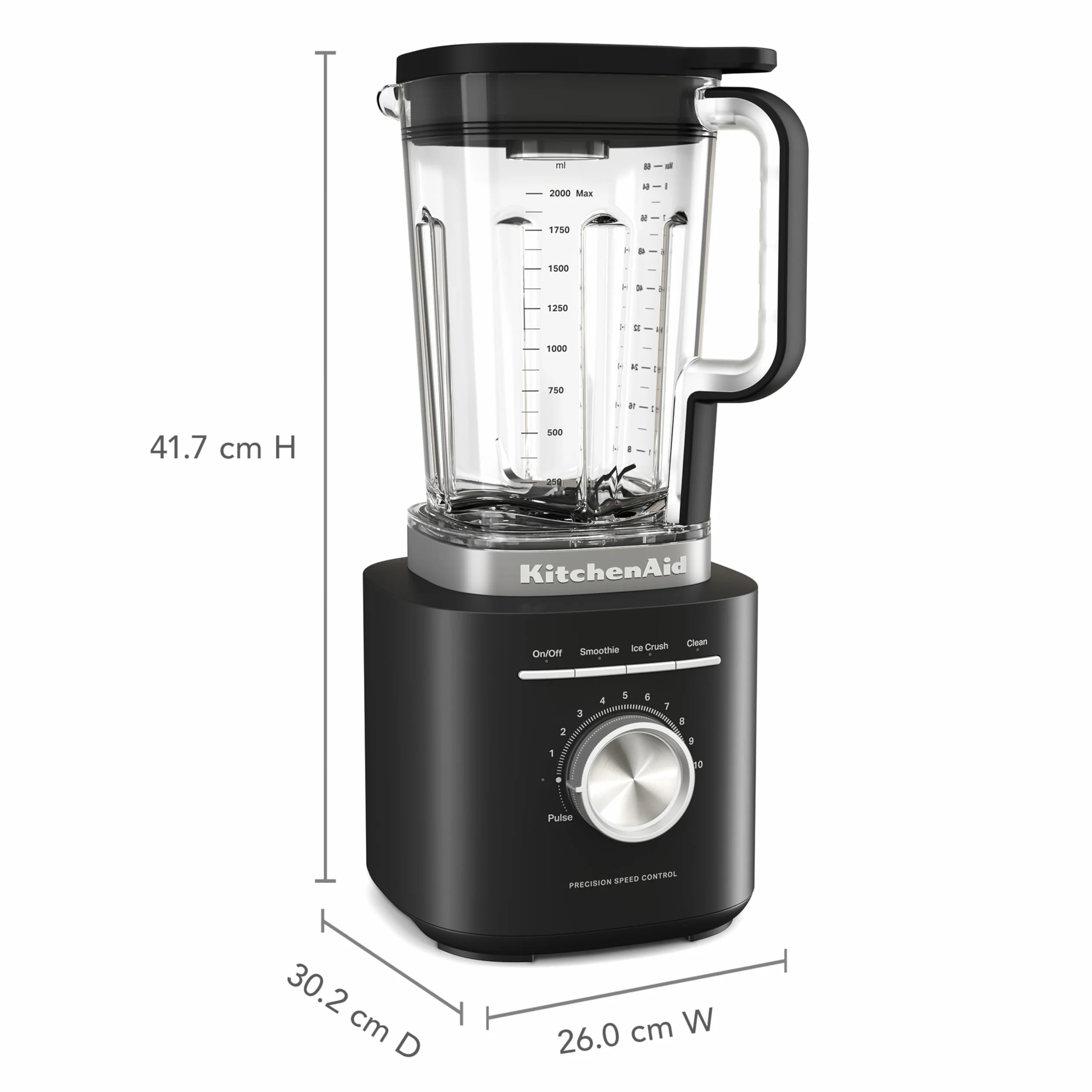 KitchenAid Blender Pure Power, Pichet 2L Sans BPA, 10 Vitesses, Programmes Glace & Smoothie, Lames Inox Asymétriques, Base Métal, Noir Mat