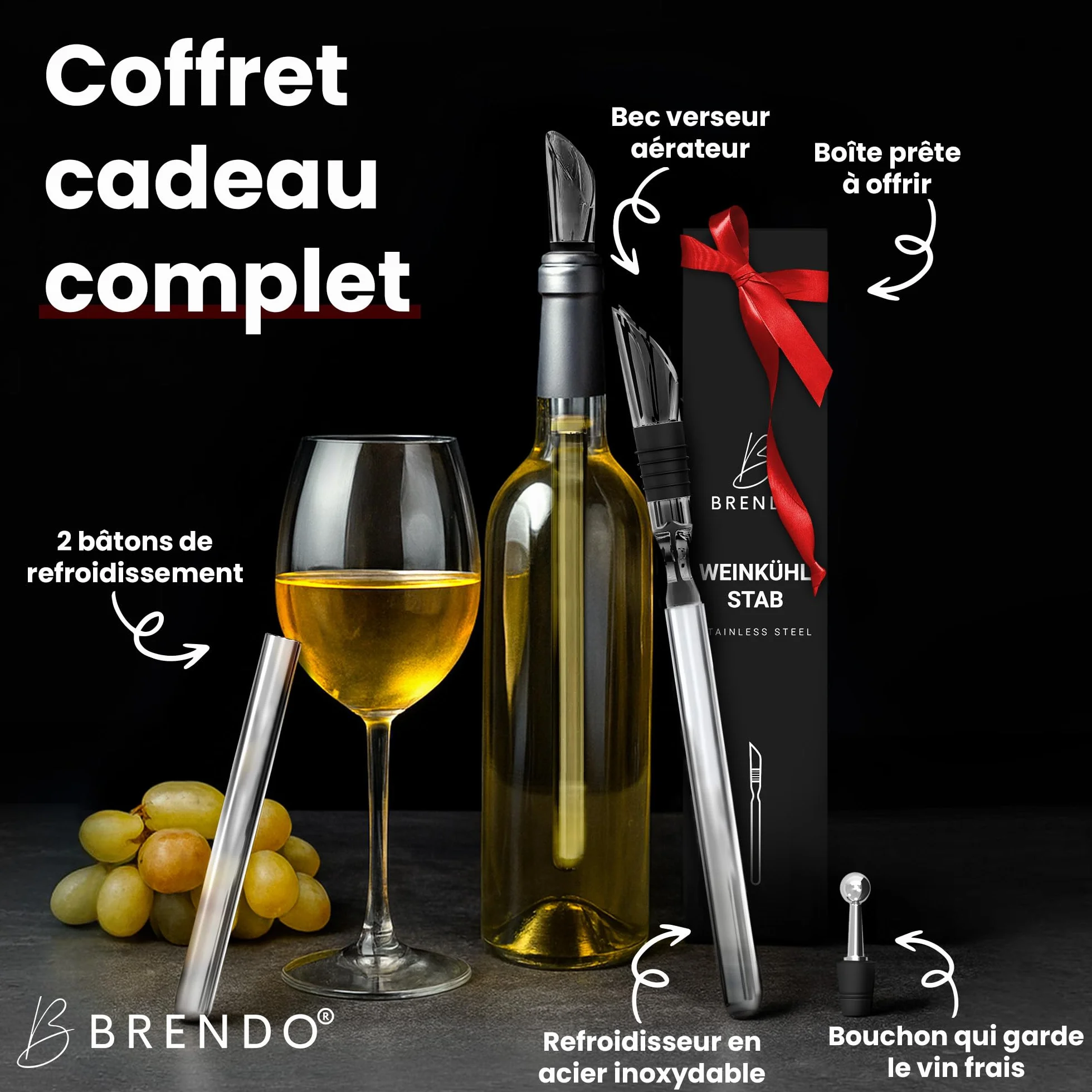 Brendo Rafraîchisseur de Vin 4-en-1 Tige de Refroidissement en Acier Inoxydable 2 Longueurs + Bec Verseur + Décanteur + Bouchon